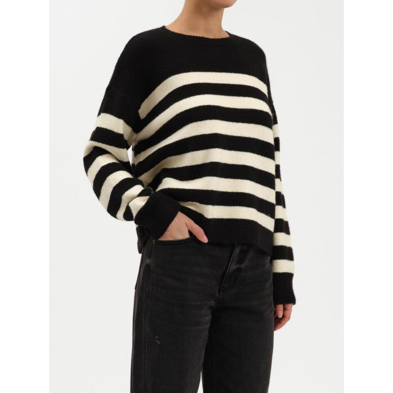 Daze Carlyle Everyday Crewneck Sweater || Black/Ivory Stripe