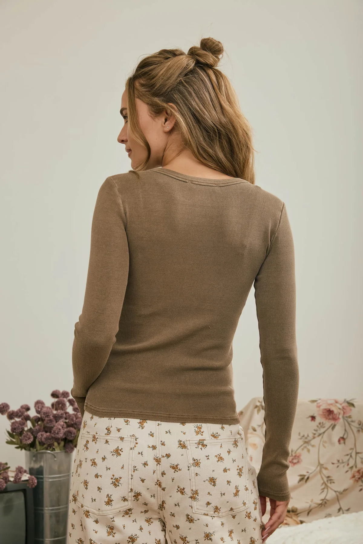 Button Front Long Sleeve Knit Top