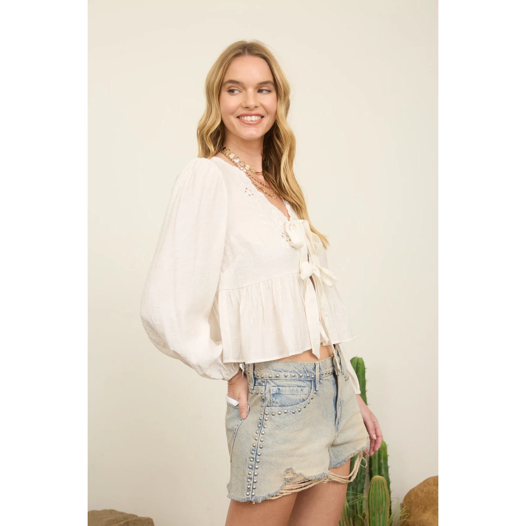 Floral Eyelet Embroidery Tie Top || Off White