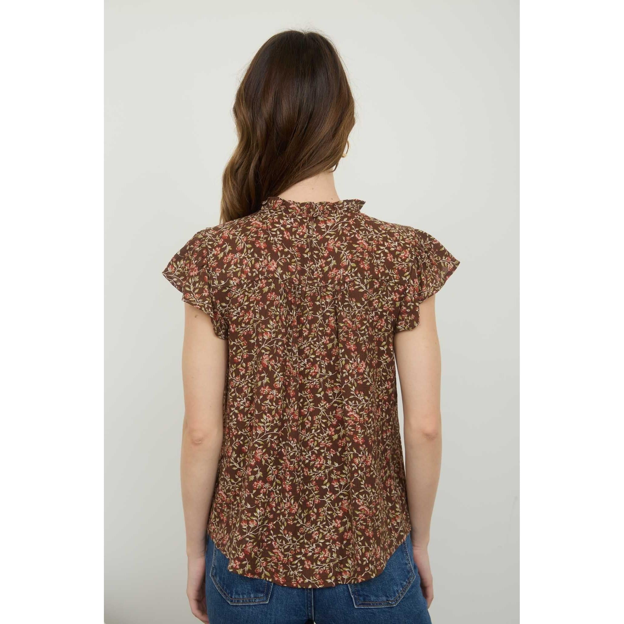 Floral Lace Ruffle Detail Top || Brown Mutil