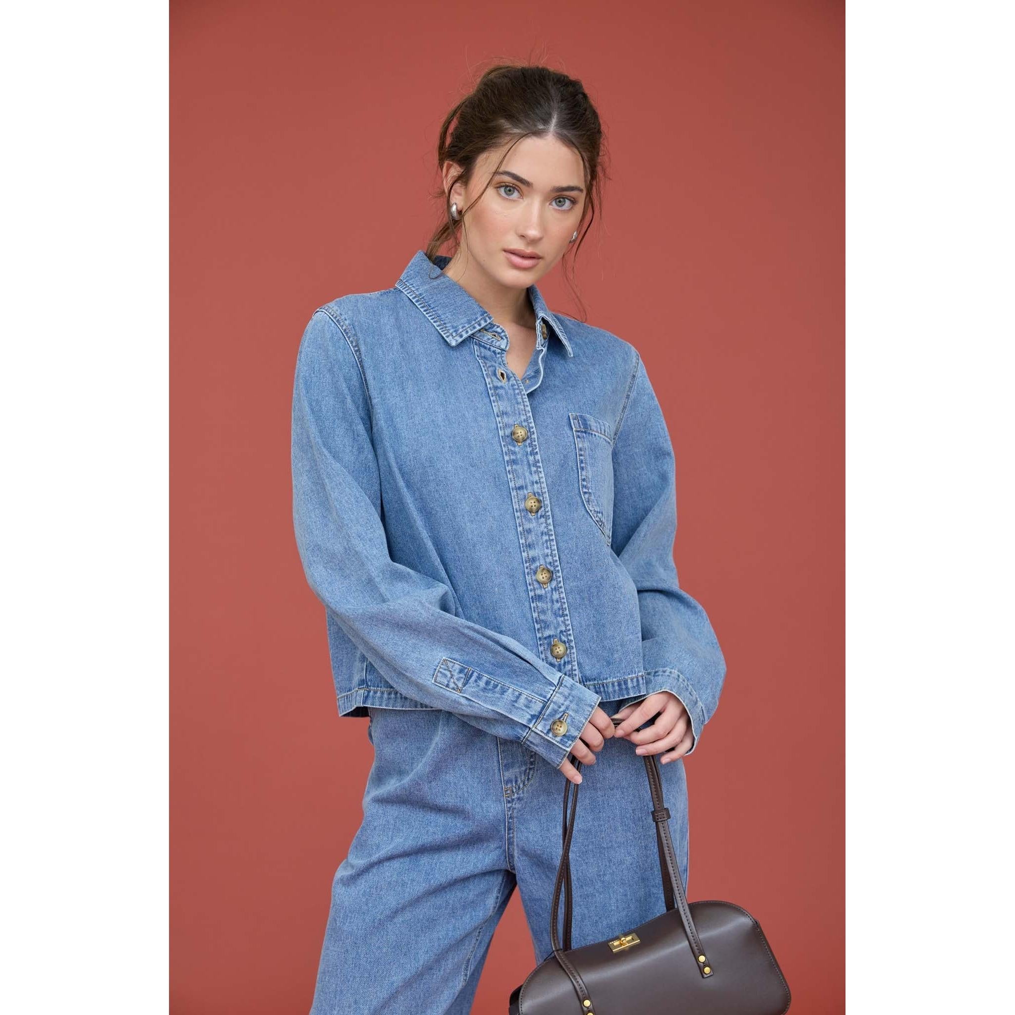 Acid Wash Collared Long Sleeve Denim Shirt || Denim