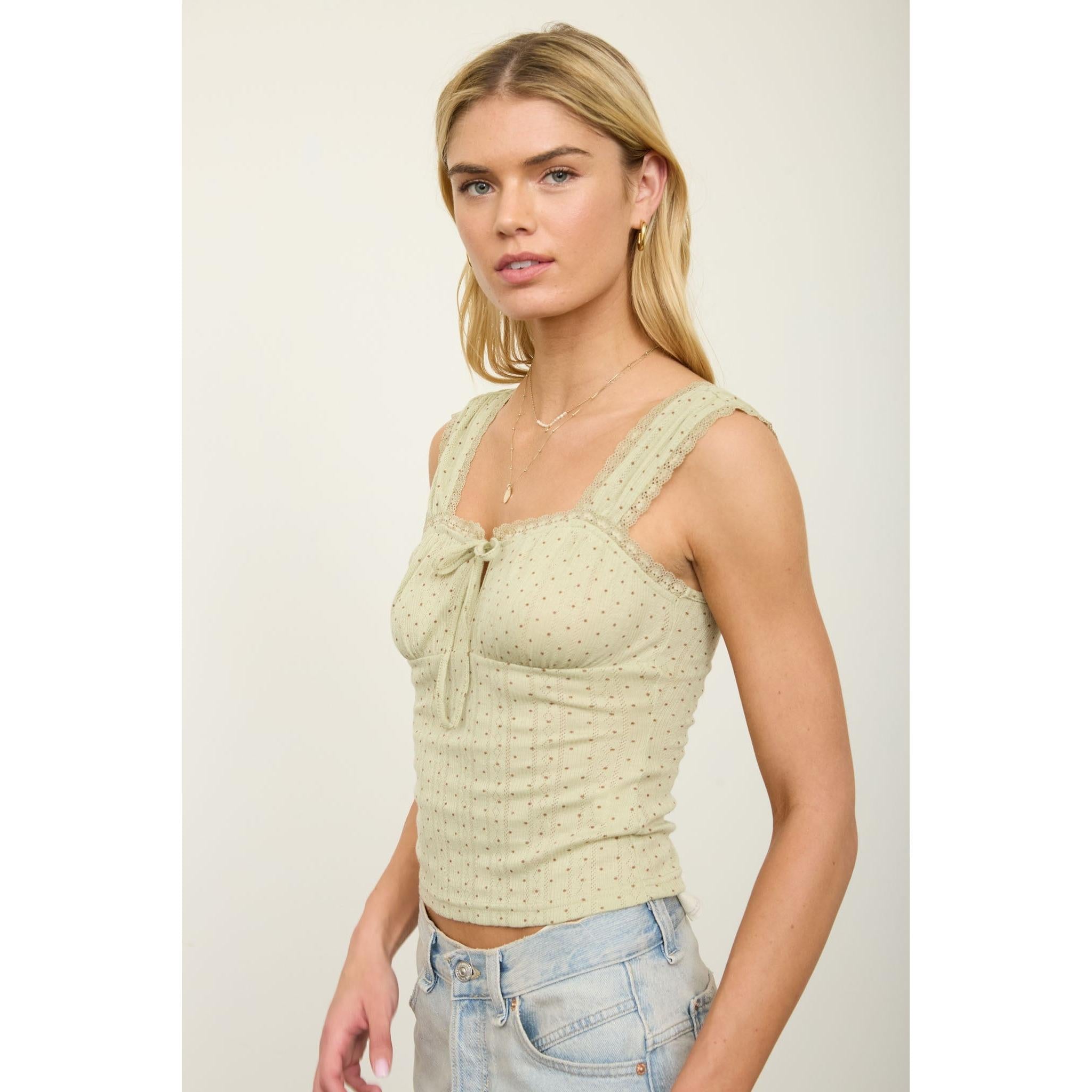 Polka Dot Pointelle Front Tie Top || Olive