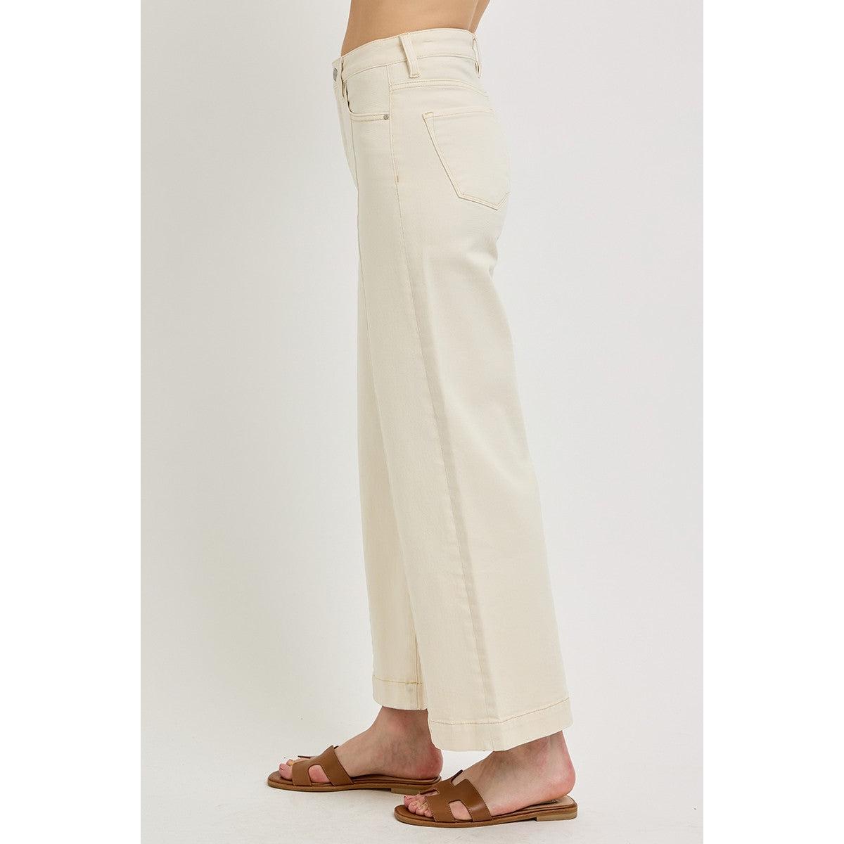 Risen Tummy Control High Rise Crop Wide Jeans || Ivory