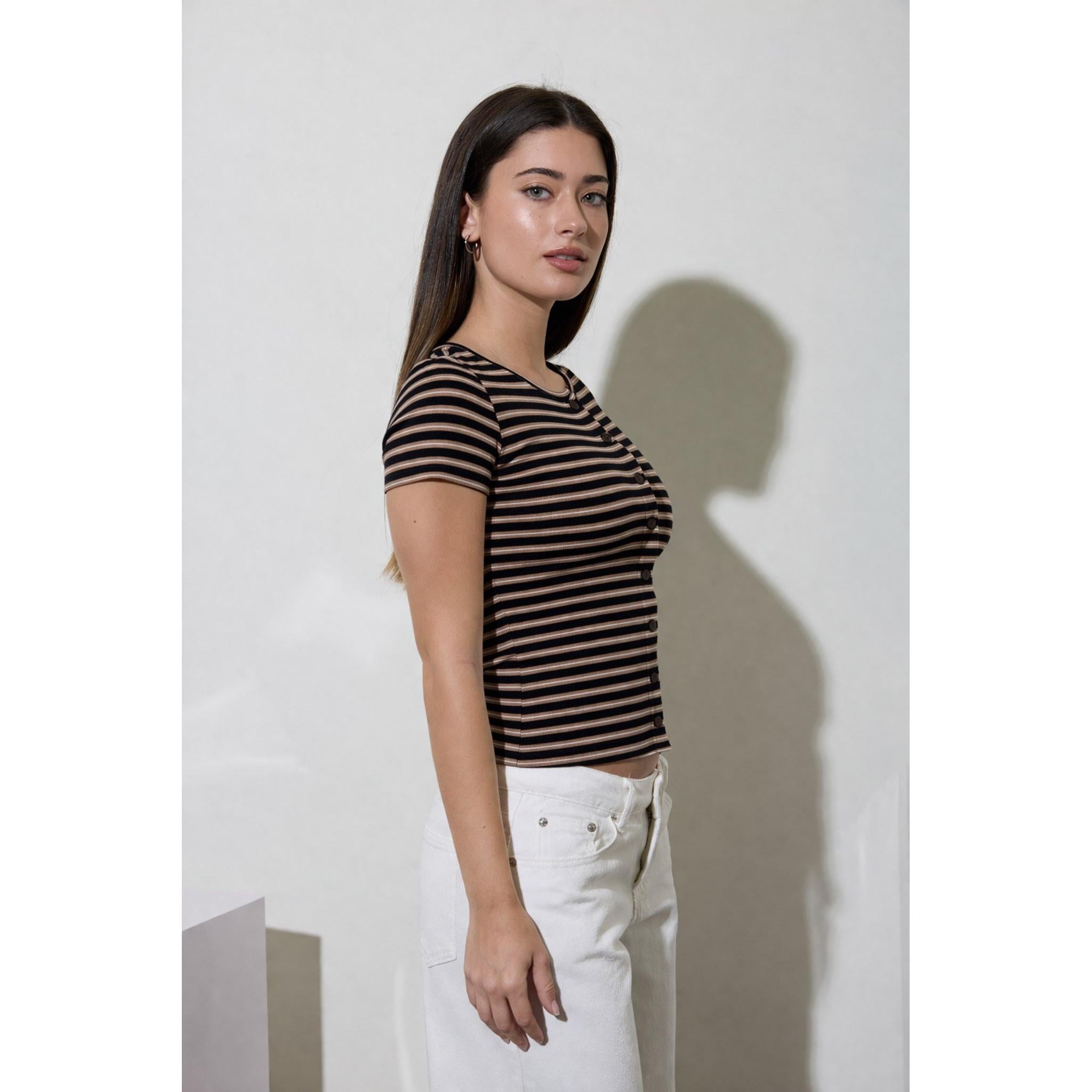 Stripe Short Sleeve Button Top || Black Multi