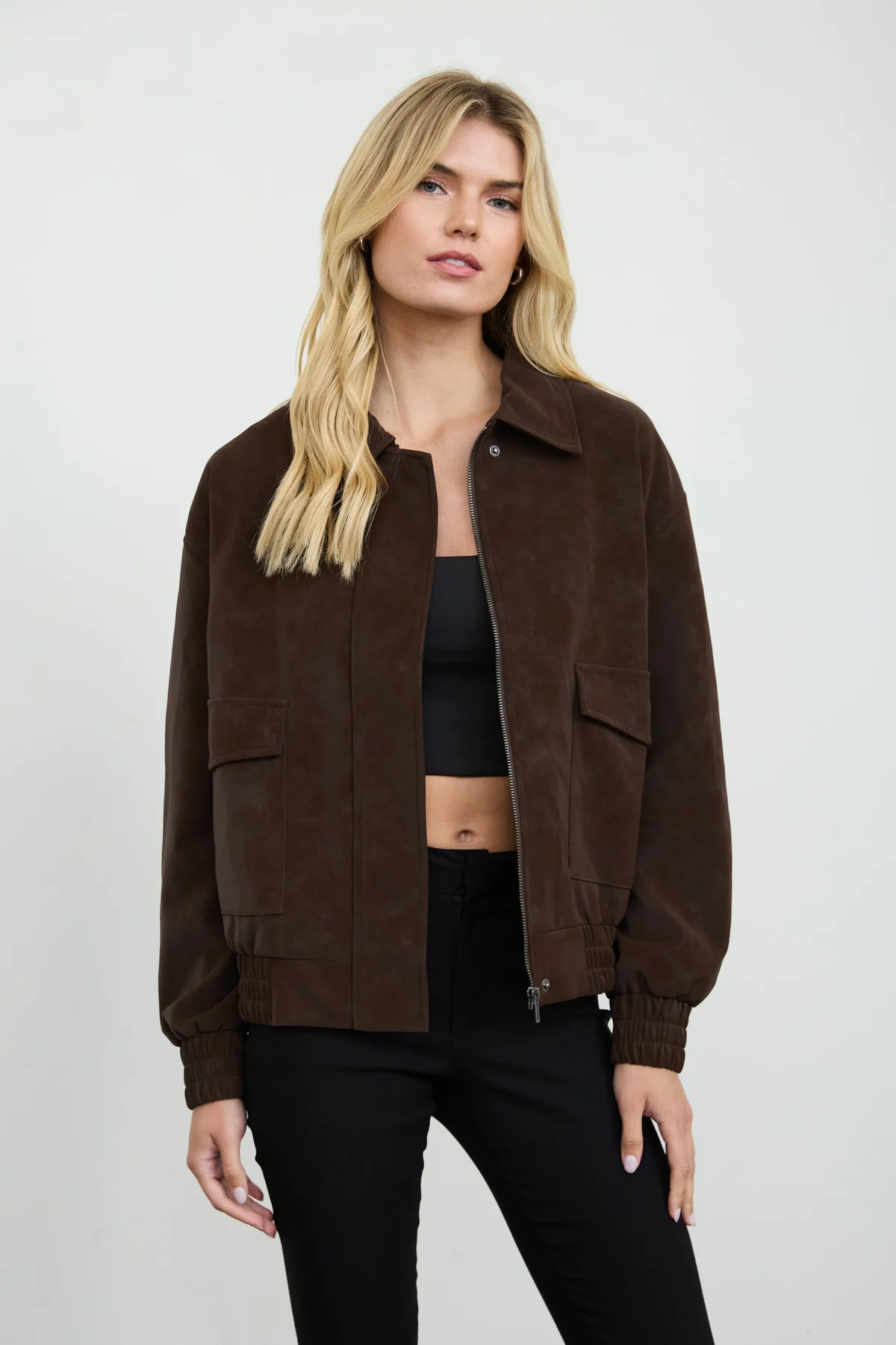 Faux Leather Bomber Jacket || Chocolate