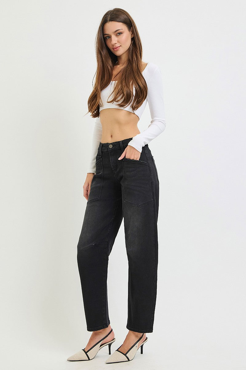 Risen Mid Rise Barrel Patch Pocket Jeans || Washed Black
