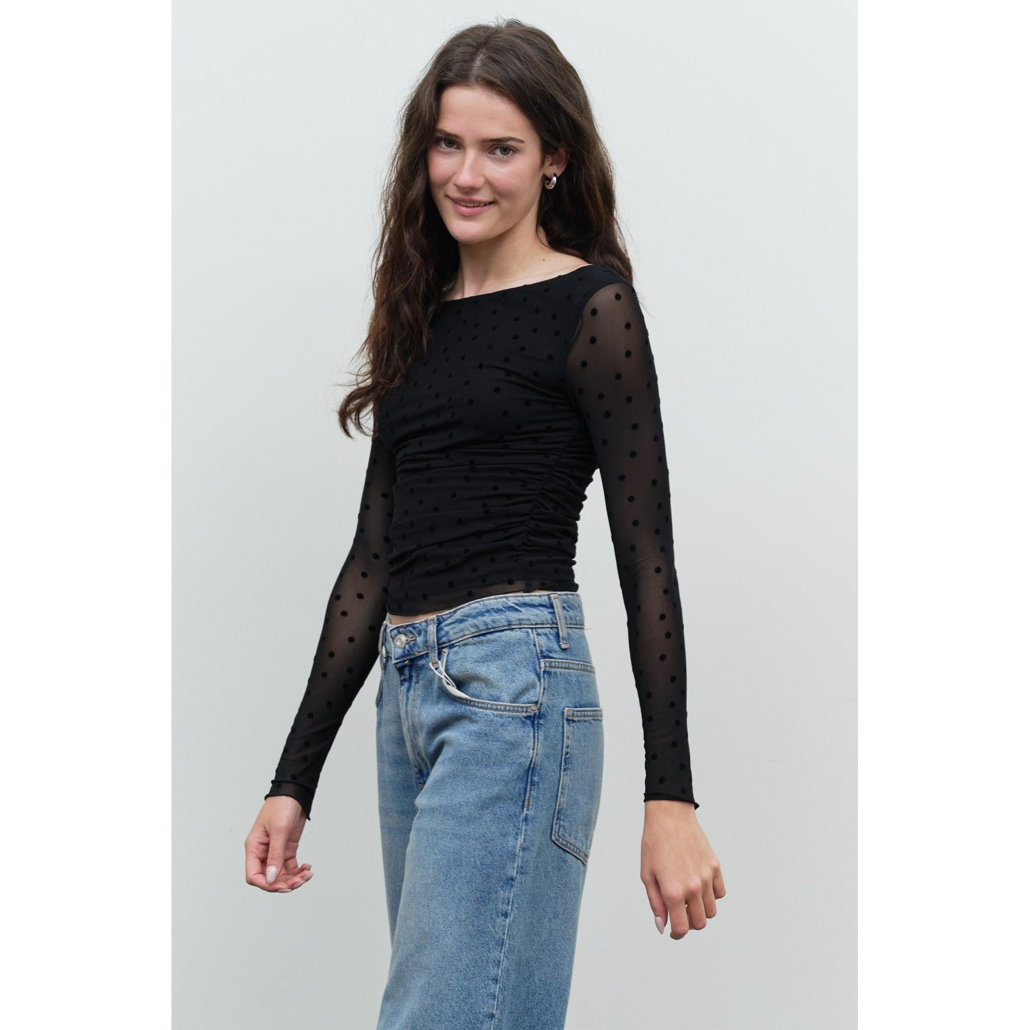 Polka Dot Mesh Off-shoulder Top