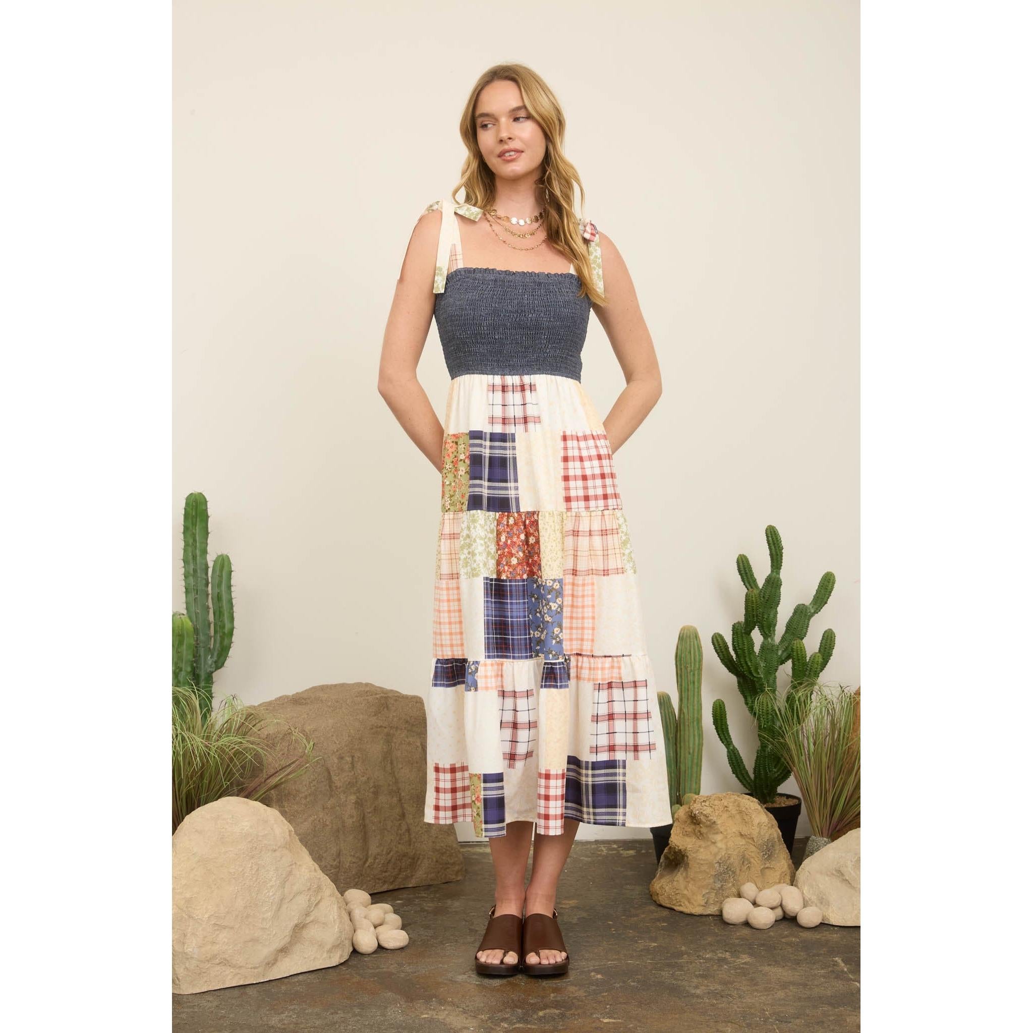 Smocked Denim Patchwork Maxi Dress 