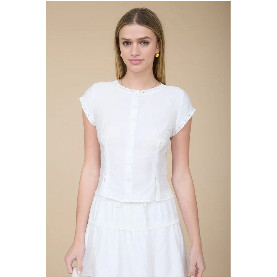 white pink tuck top with lace trim 