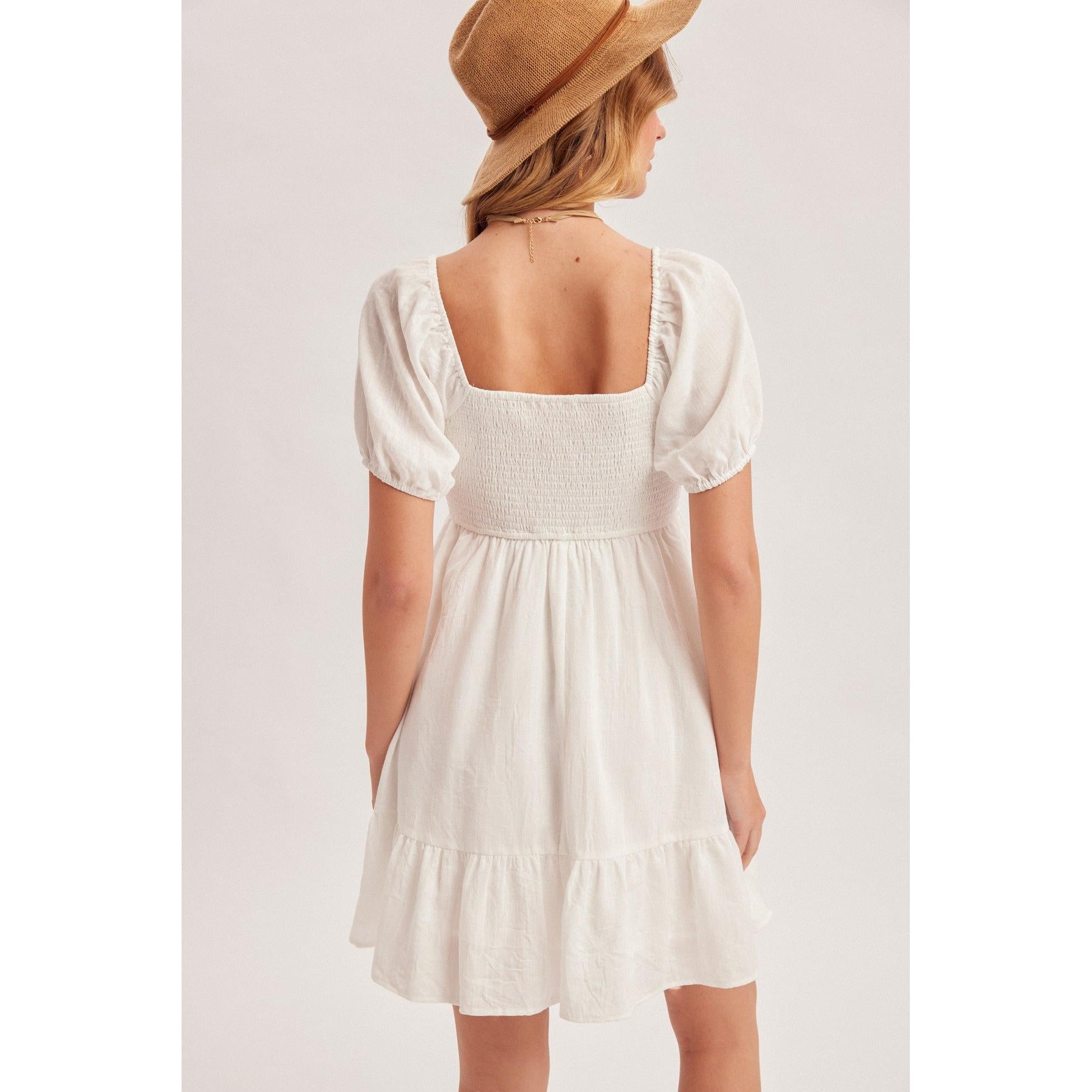 Bubble Sleeve Ruffle Mini Dress || White