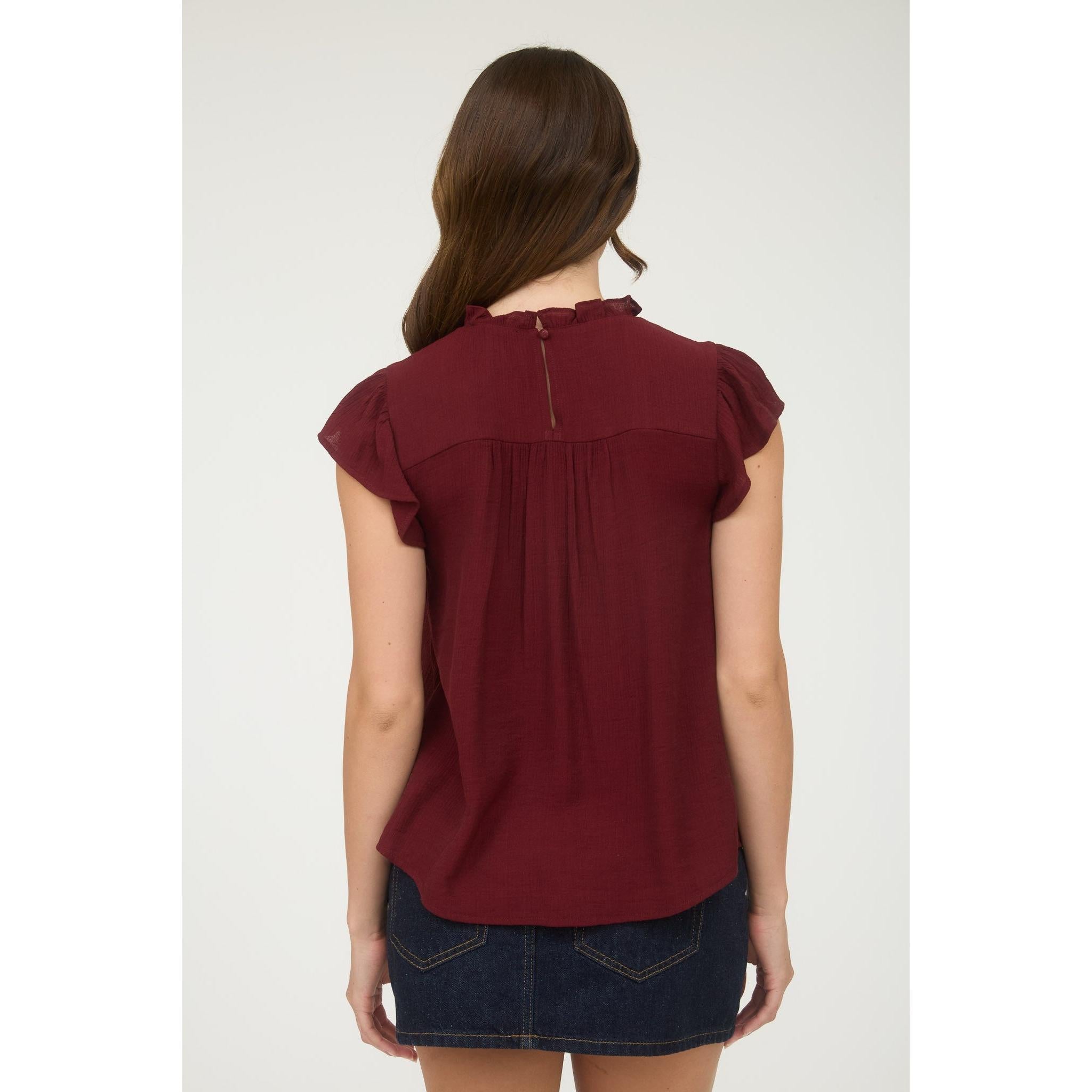 Lace Trim Ruffle Detail Short Sleeve Top || Brick