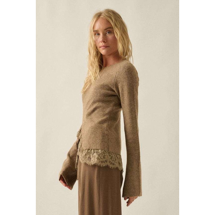 Split-Front Lace-Trim Bell-Sleeve Sweater || Taupe