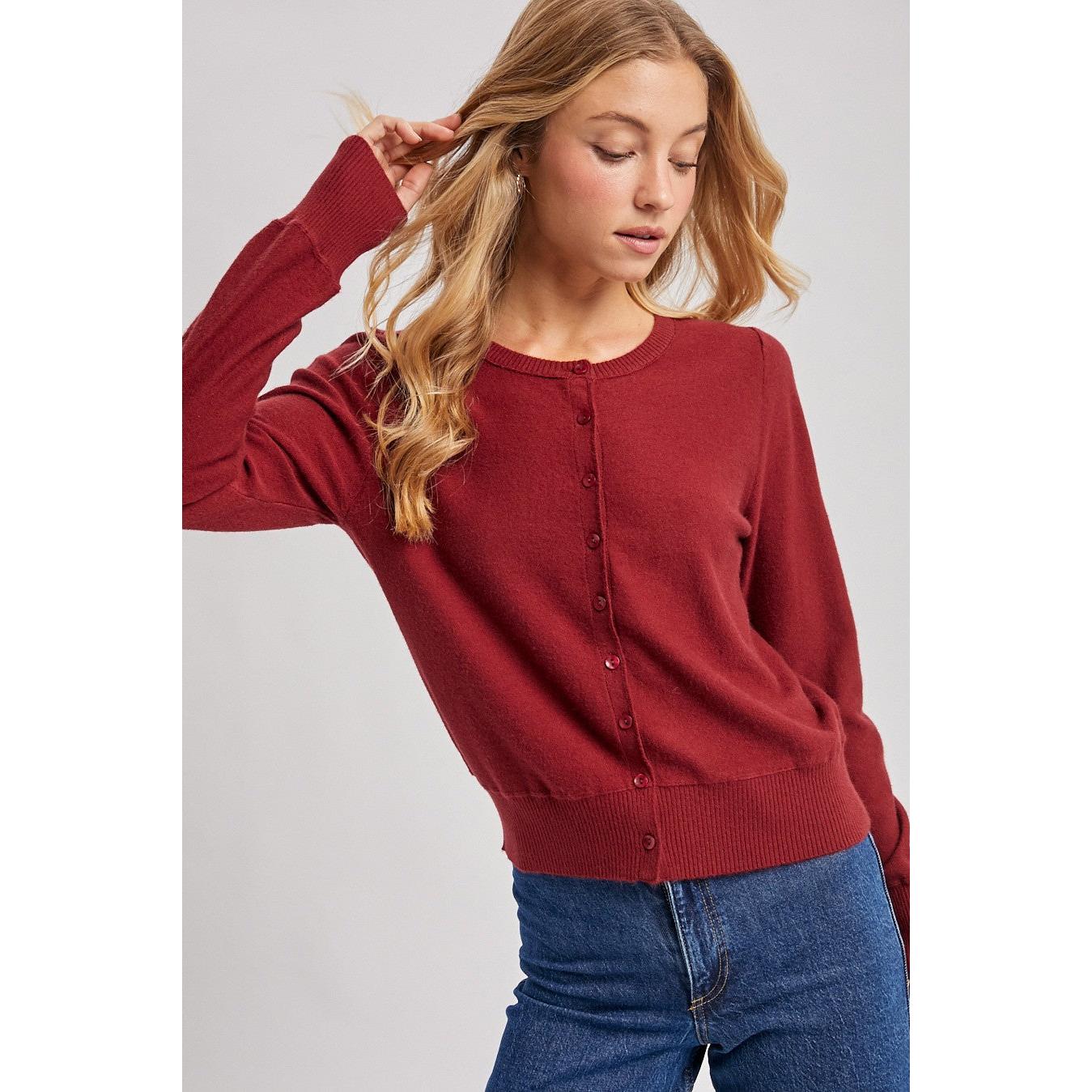 Wine Button Down Crew Neck Cardigan 