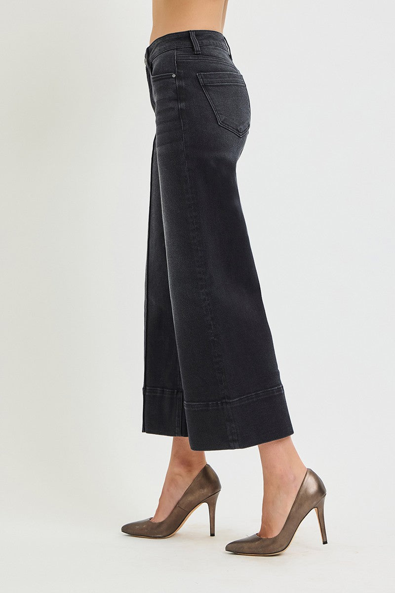 Risen Tummy Control Mid Rise Crop Wide Pintuck Jeans || Washed Black