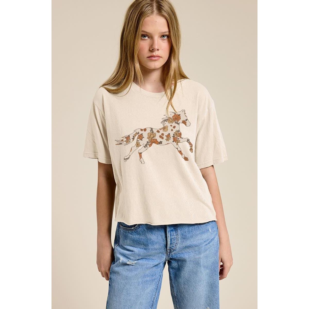 horse and flowers graphic t-shirt