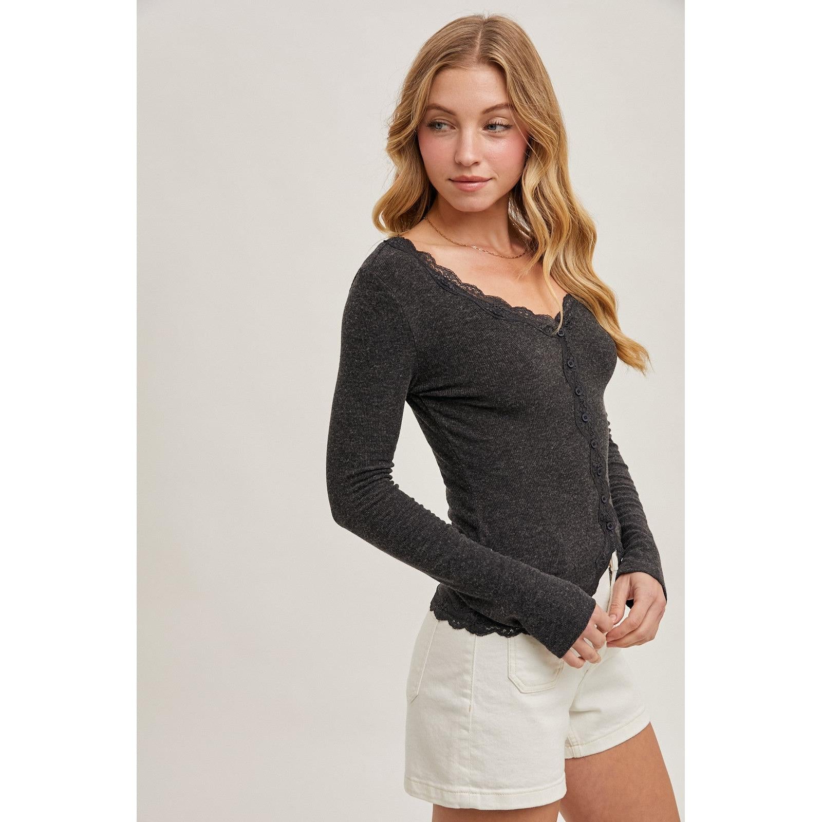 Lace Trimmed Knit Cardigan Top || Charcoal