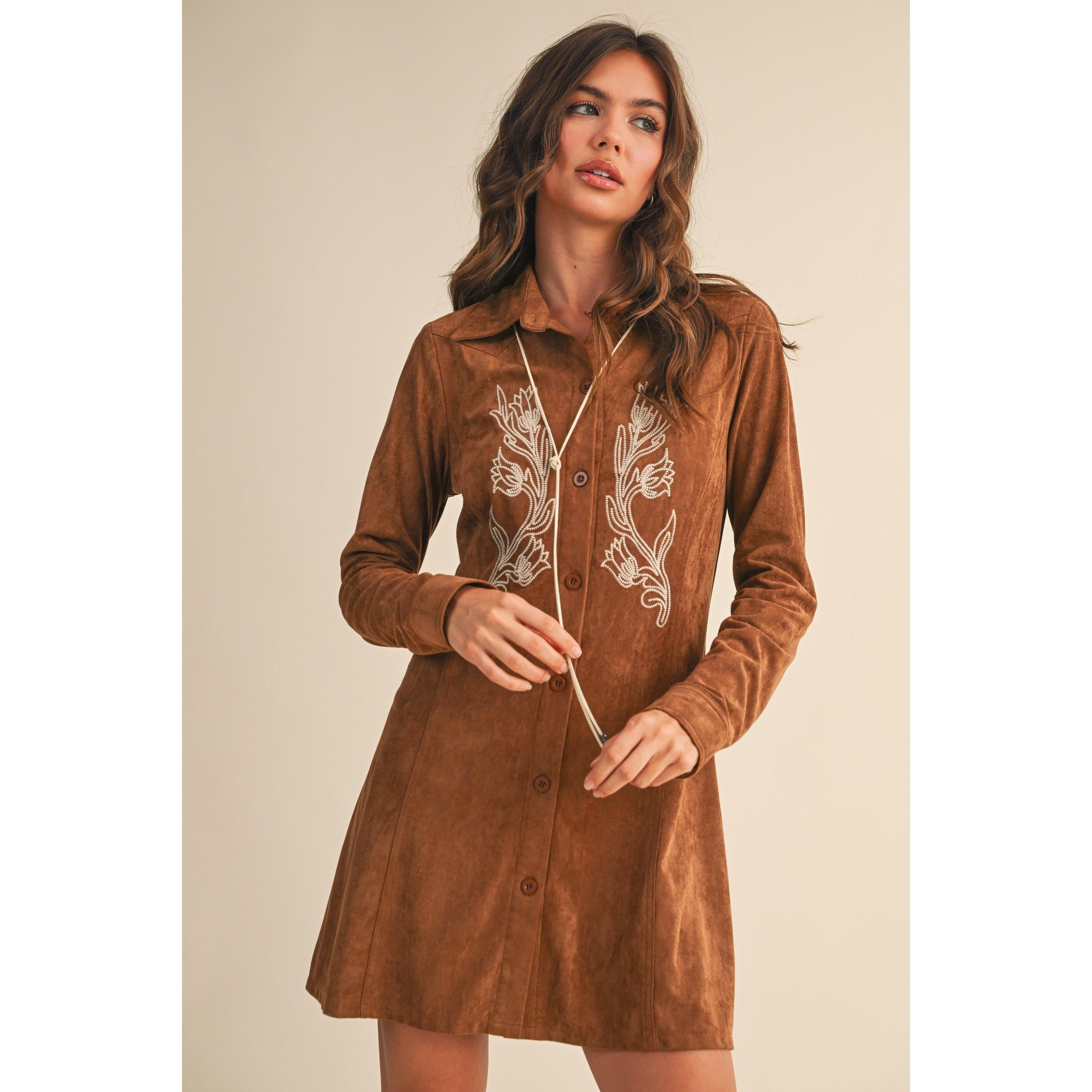 Embroidered Suede Button Down Mini Dress || Mocha