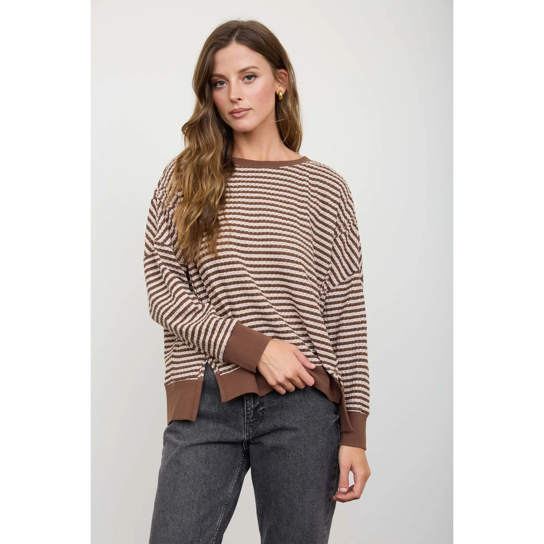 Stripe Exposed Seam Split Hem Top
