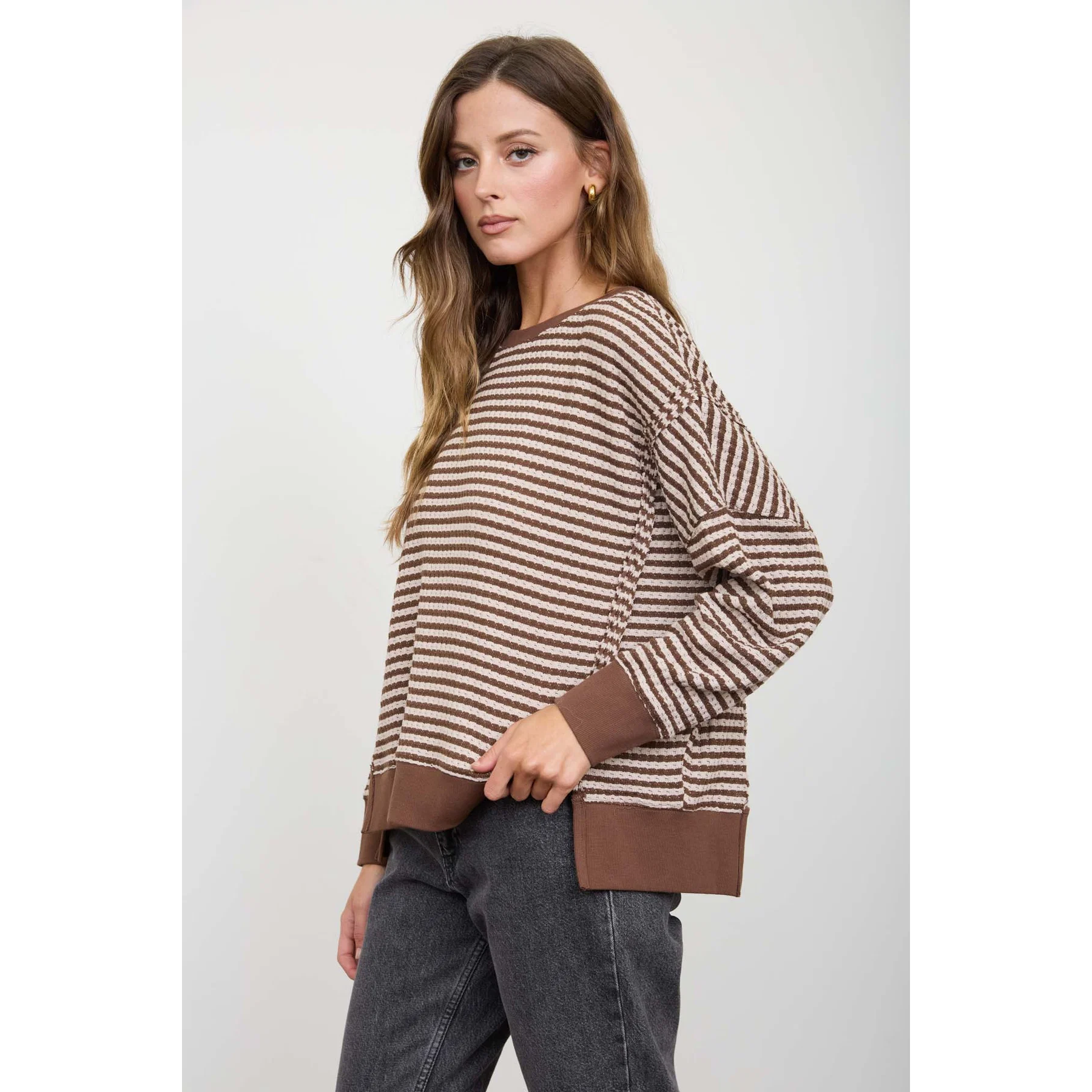 Stripe Exposed Seam Split Hem Top