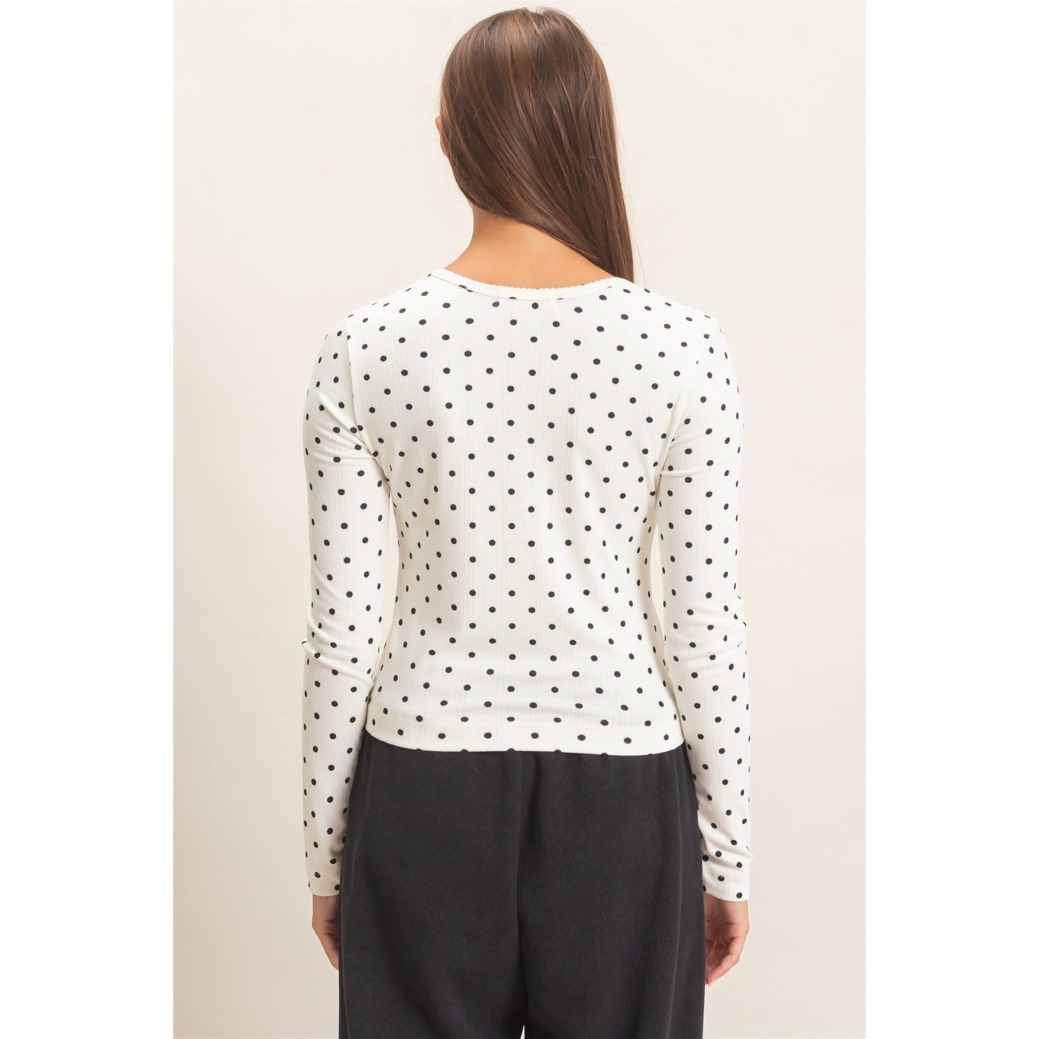 Polka Dot Button Front Long Sleeve Top