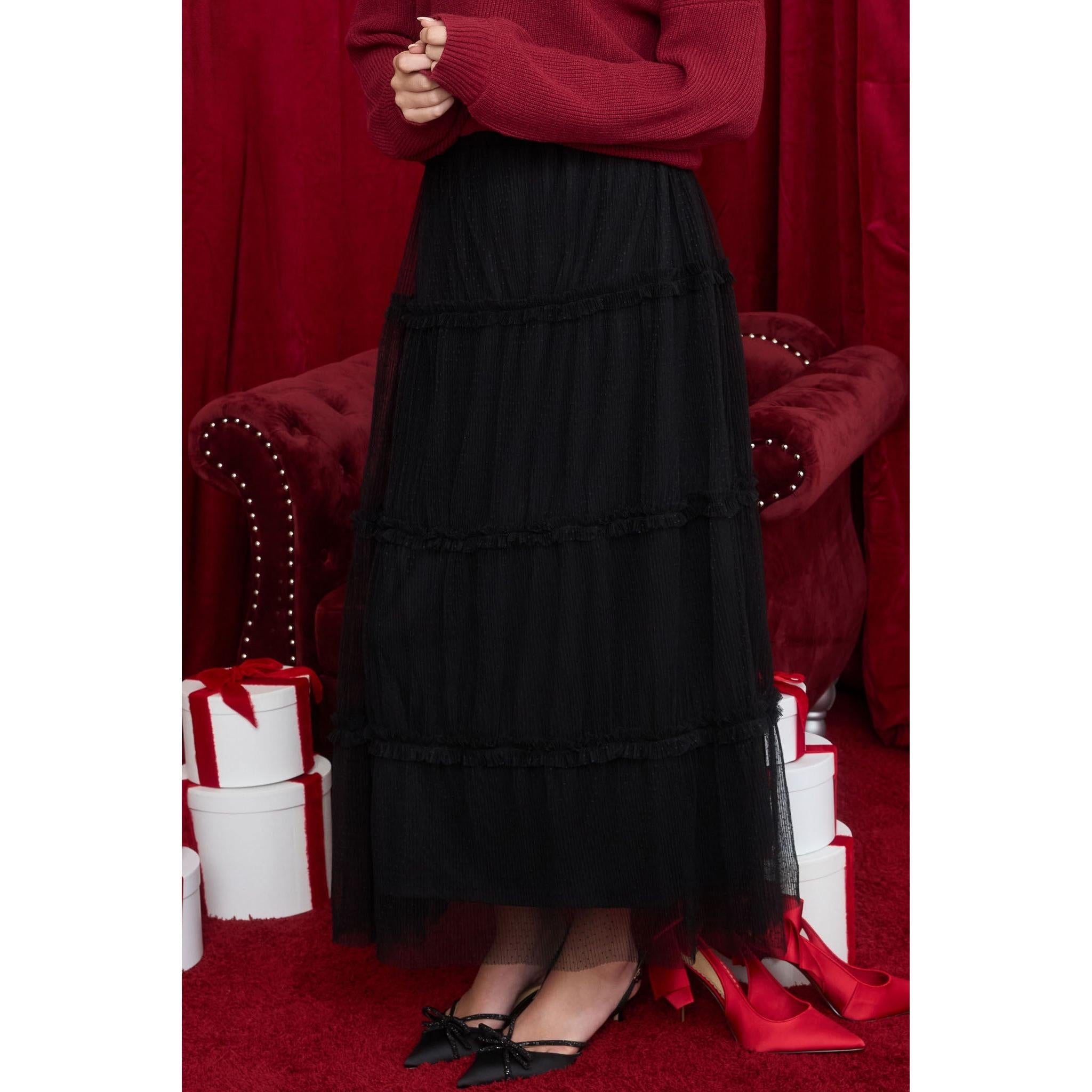 Tulle Tiered Midi Skirt || Black Polkadot