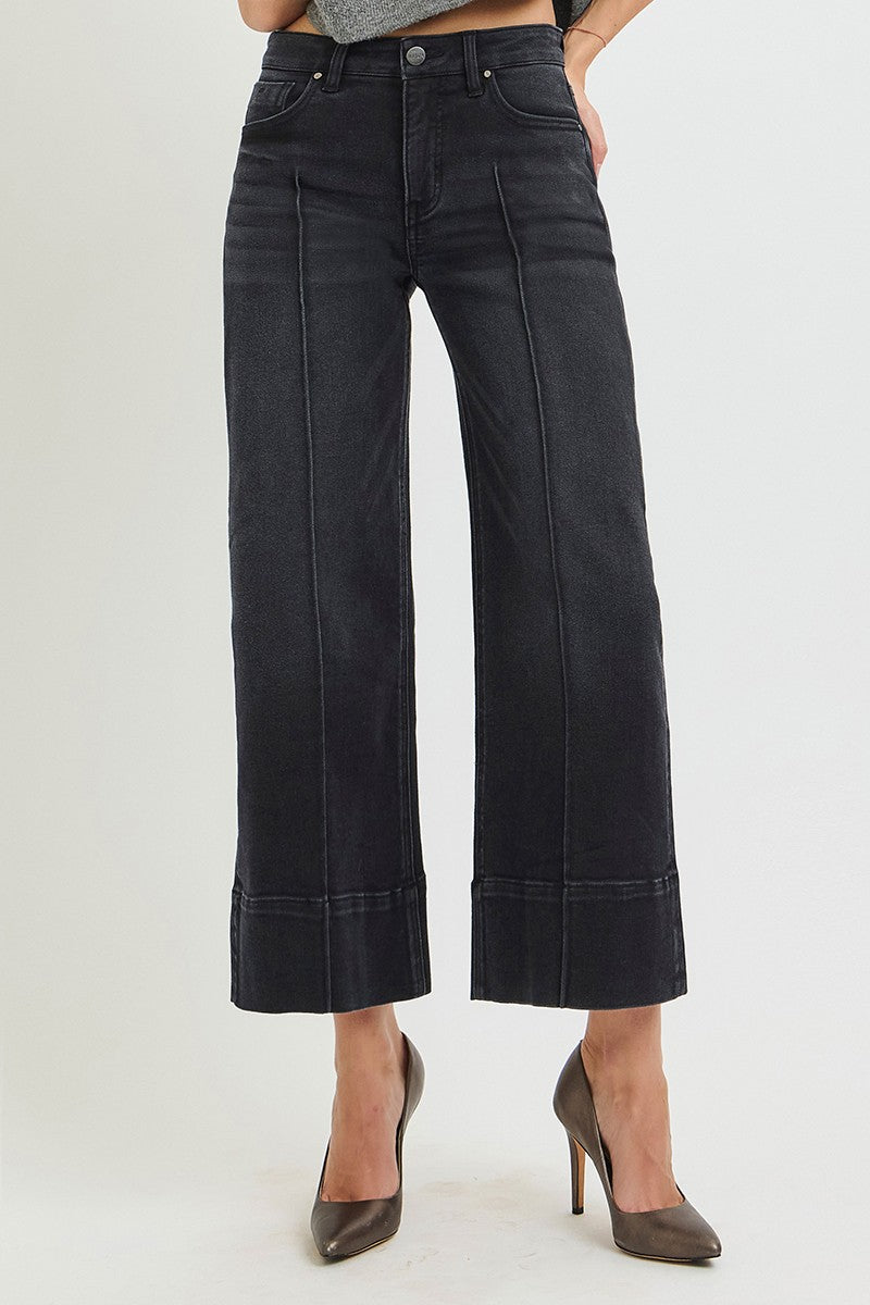 Risen Tummy Control Mid Rise Crop Wide Pintuck Jeans || Washed Black