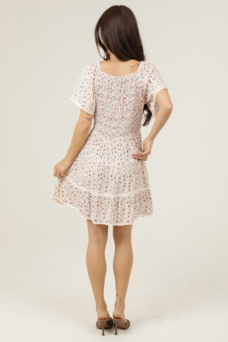 Smocked Top Lace Trim Dress || Ivory Floral