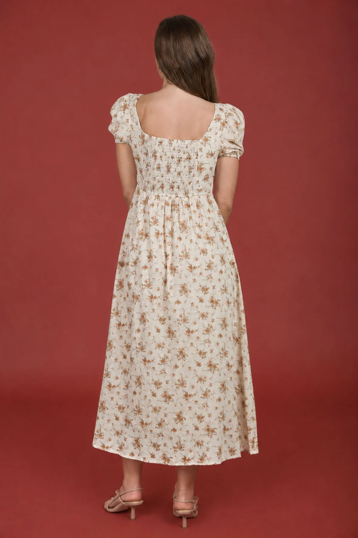 Floral Puff Sleeve Front Tie Corset Dress || Beige Floral