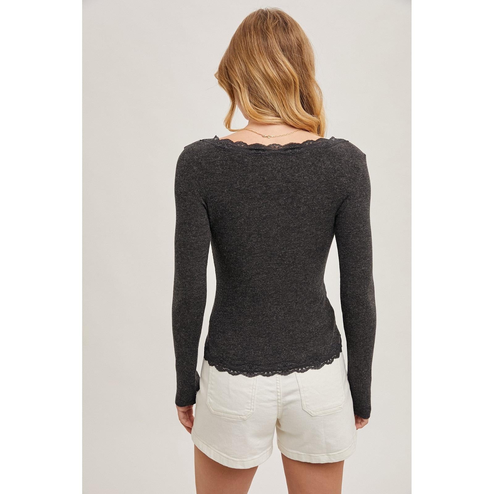 Lace Trimmed Knit Cardigan Top || Charcoal