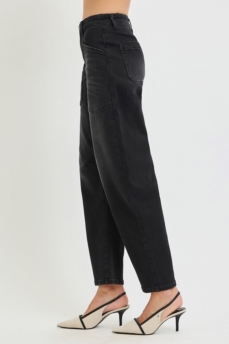 Risen Mid Rise Barrel Patch Pocket Jeans || Washed Black