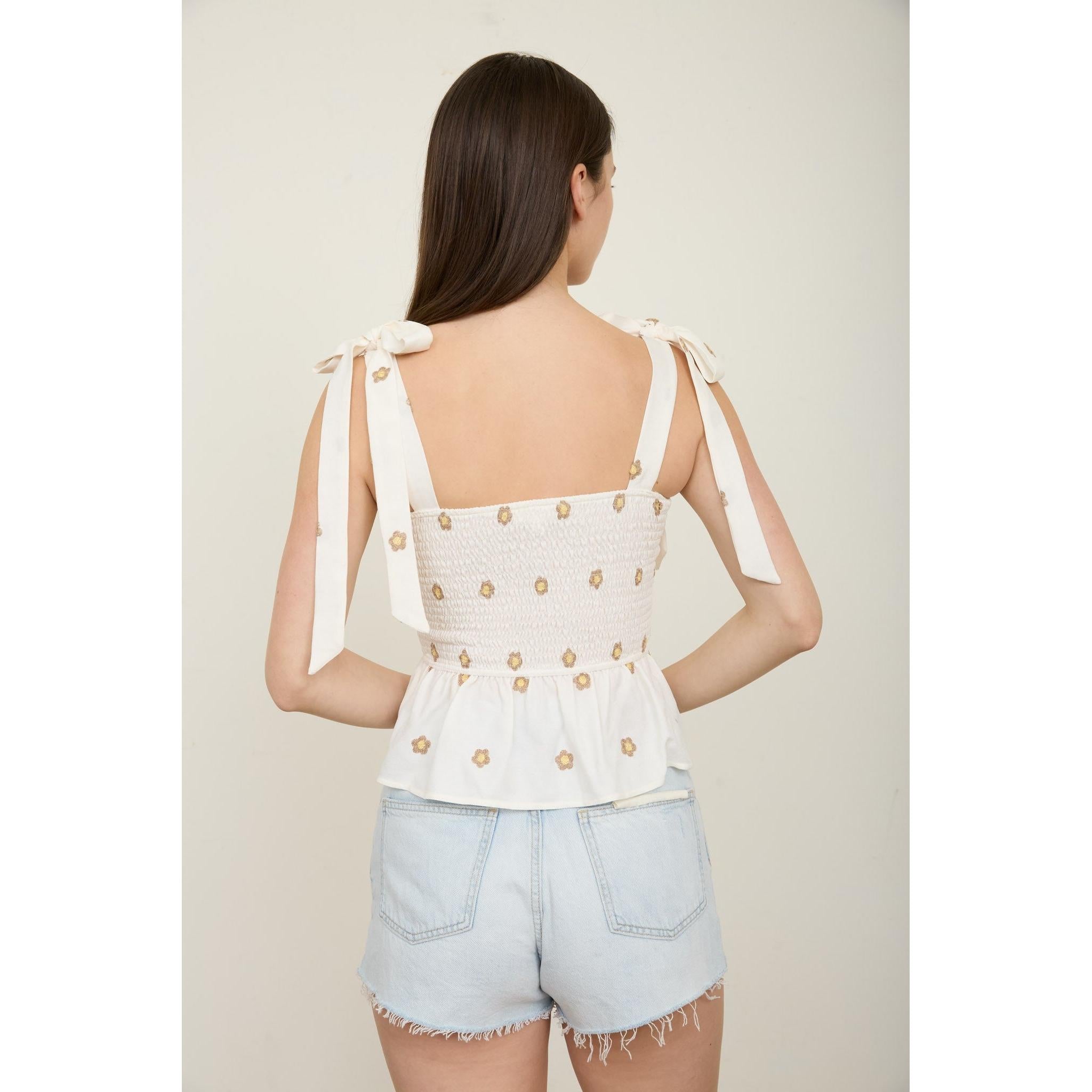 Daisy Embroidery Tie Strap Top || Ivory