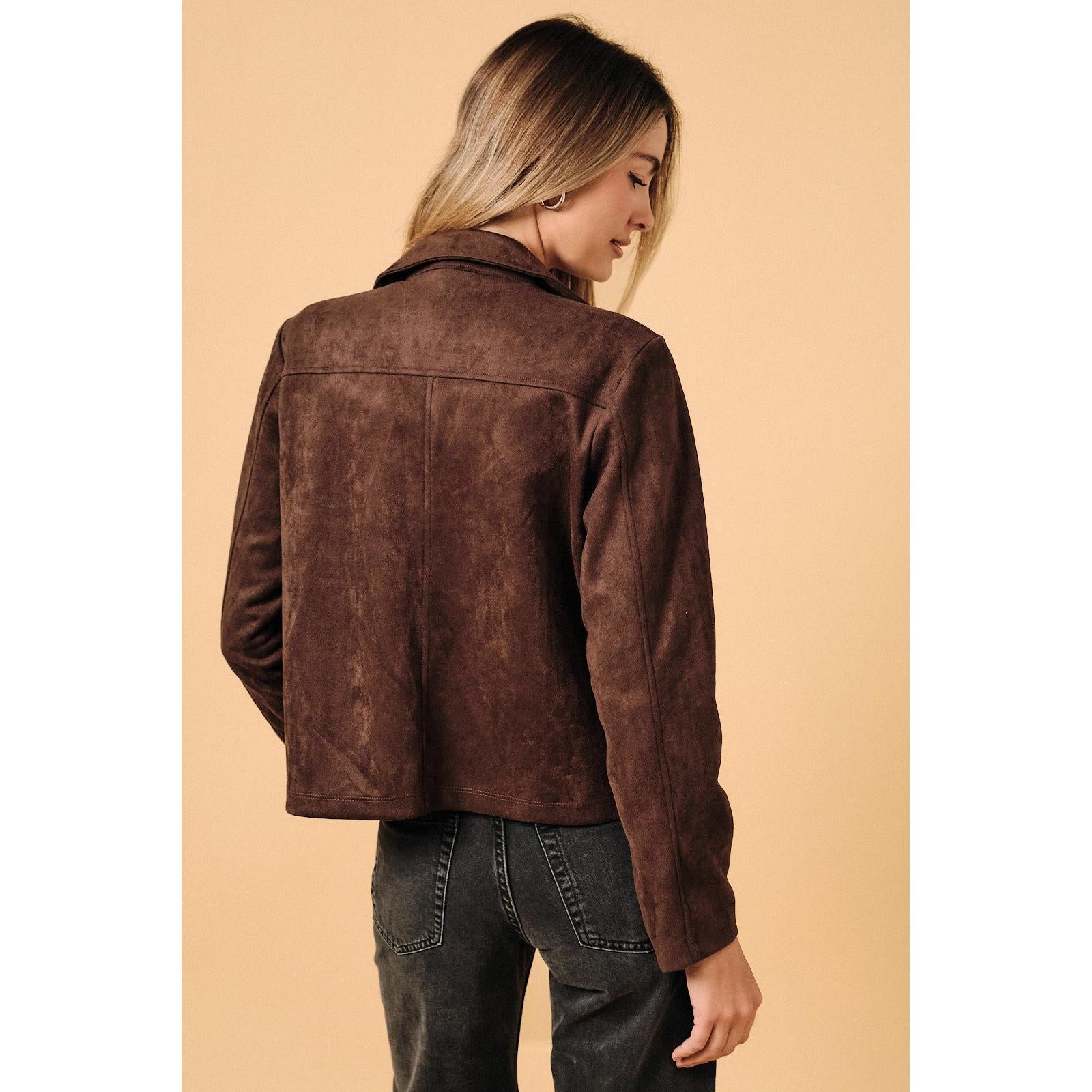 Faux Suede Button Down Jacket || Dark Brown