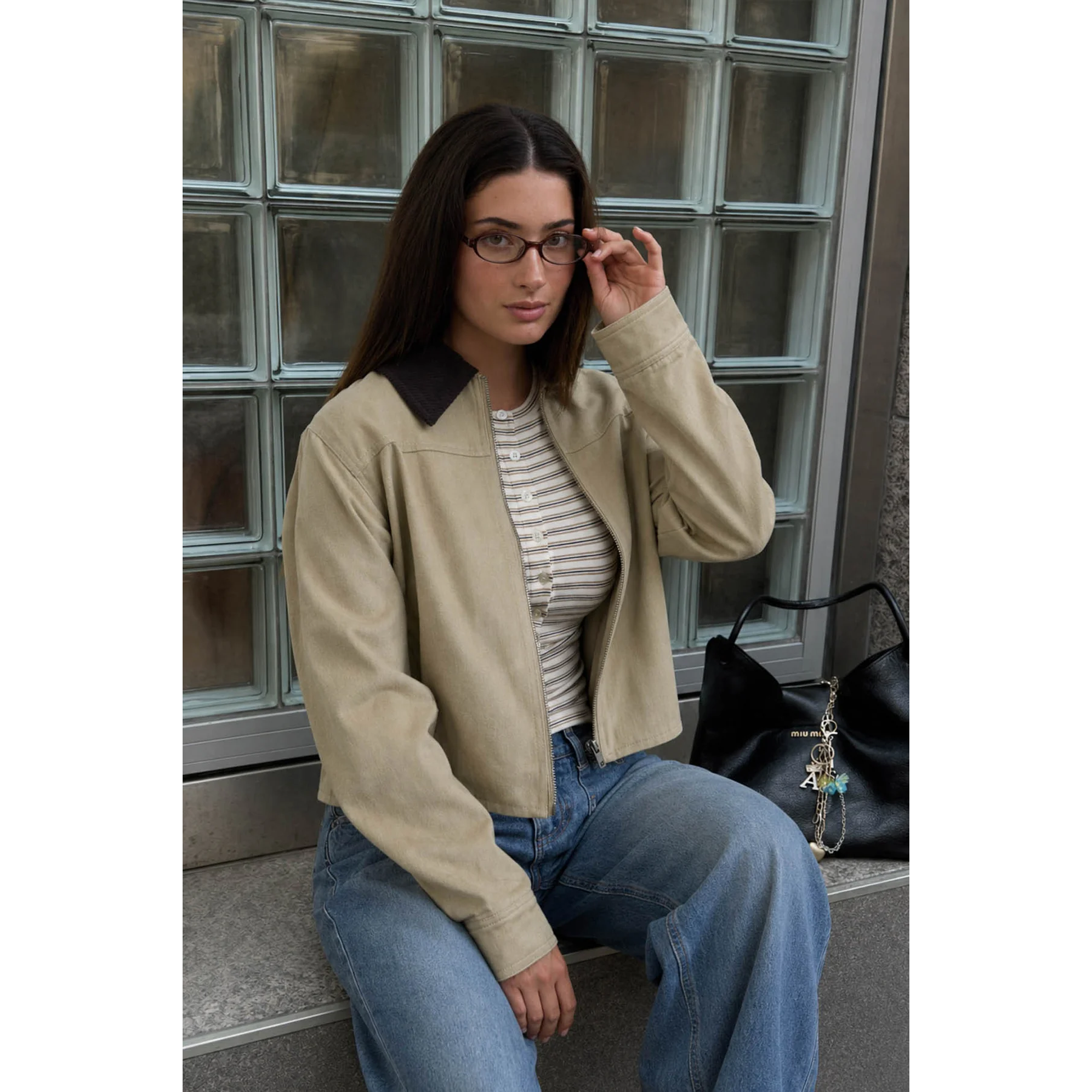 Contrast Corduroy Collar Jacket || Khaki