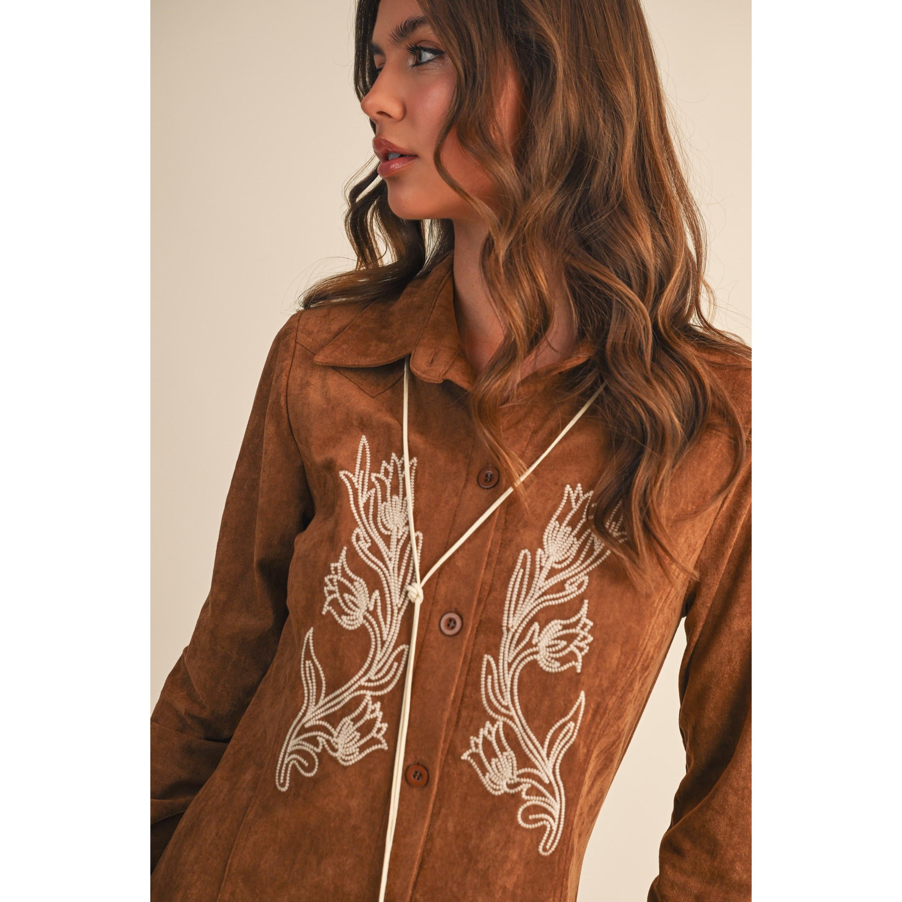 Embroidered Suede Button Down Mini Dress || Mocha
