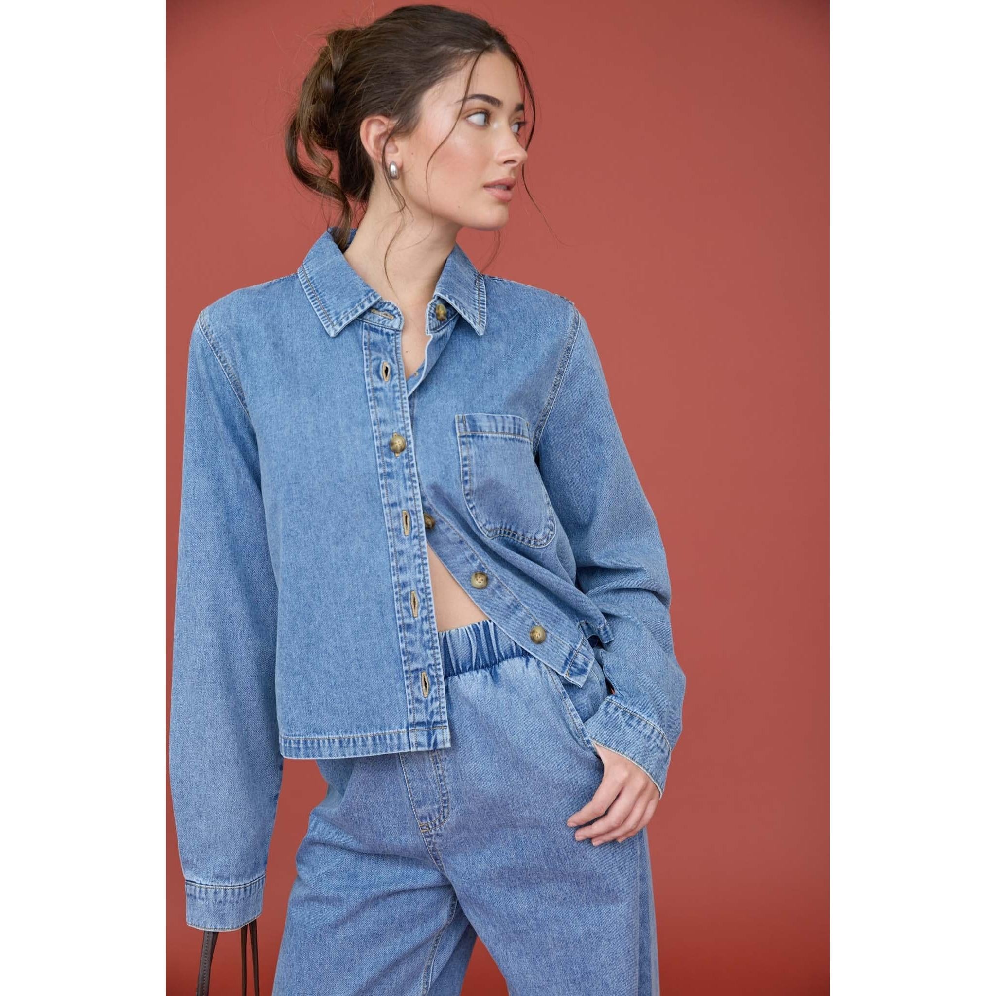 Acid Wash Collared Long Sleeve Denim Shirt || Denim