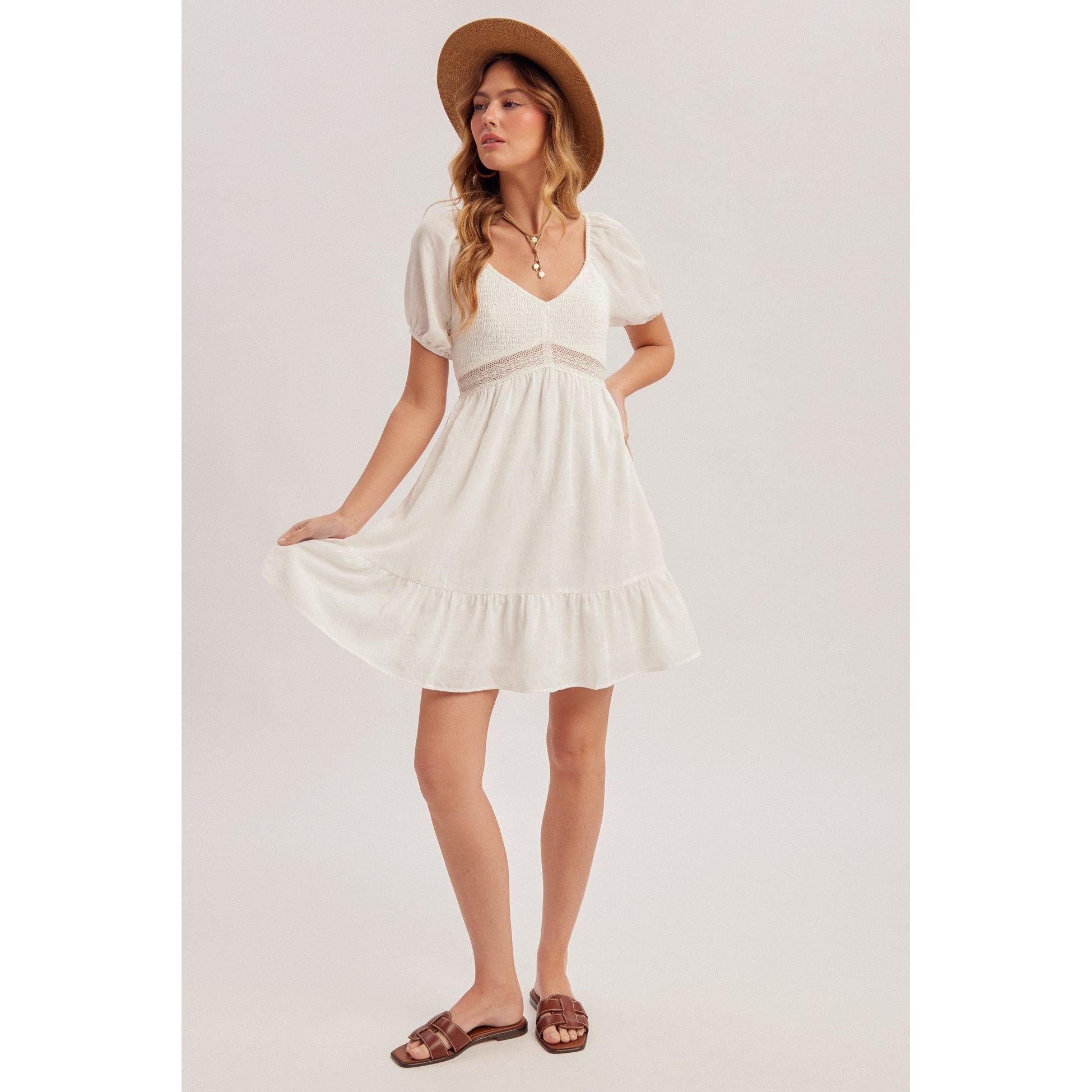 Bubble Sleeve Ruffle Mini Dress || White