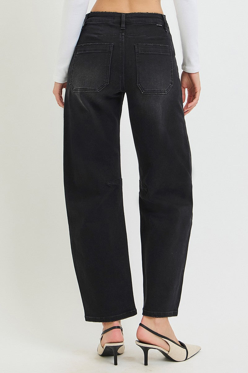 Risen Mid Rise Barrel Patch Pocket Jeans || Washed Black