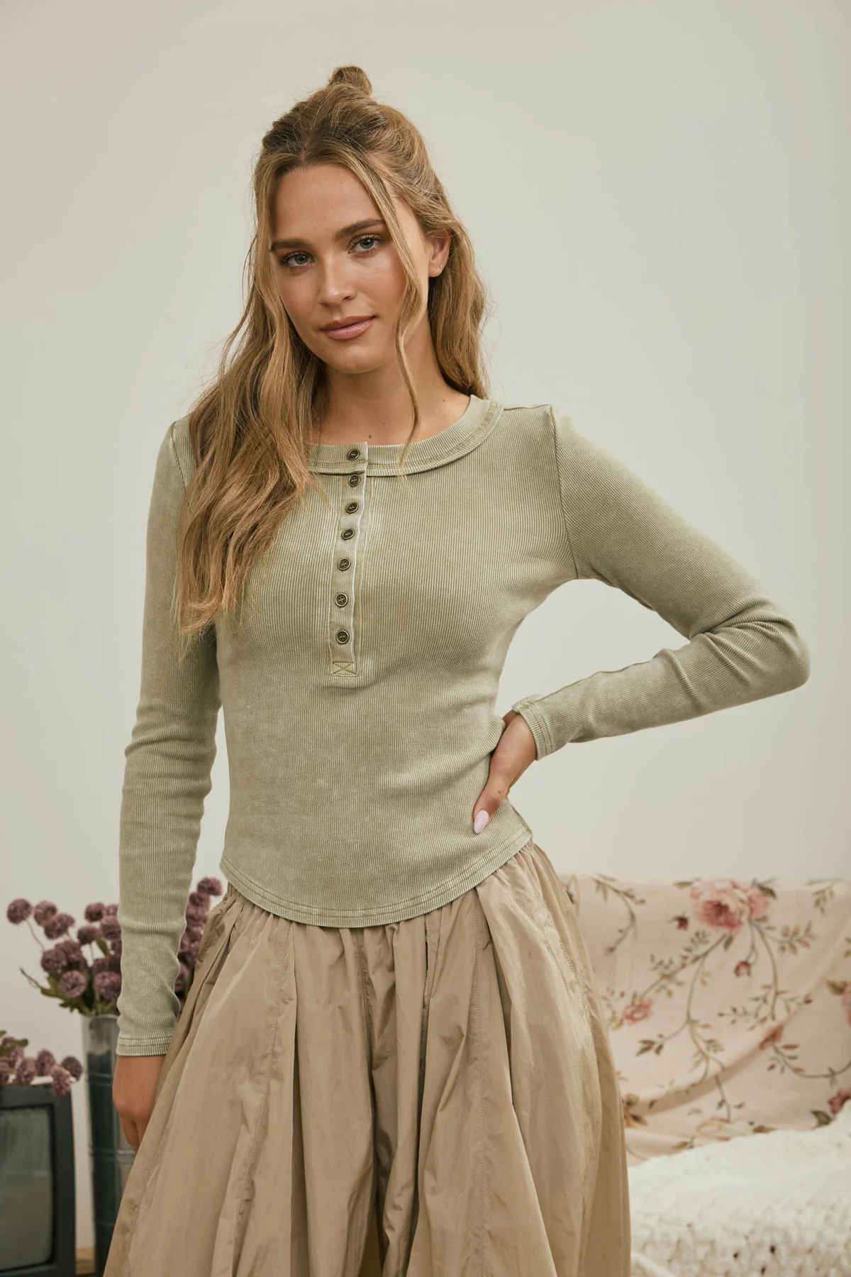 Washed Long Sleeve Ribbed Henley