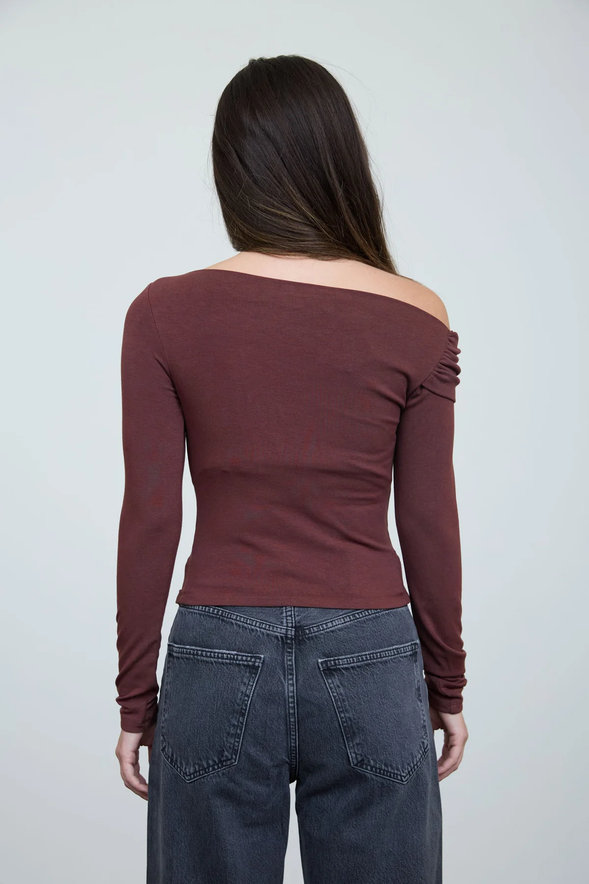 Asymmetrical Off Shoulder Long Sleeve Top || Oxblood