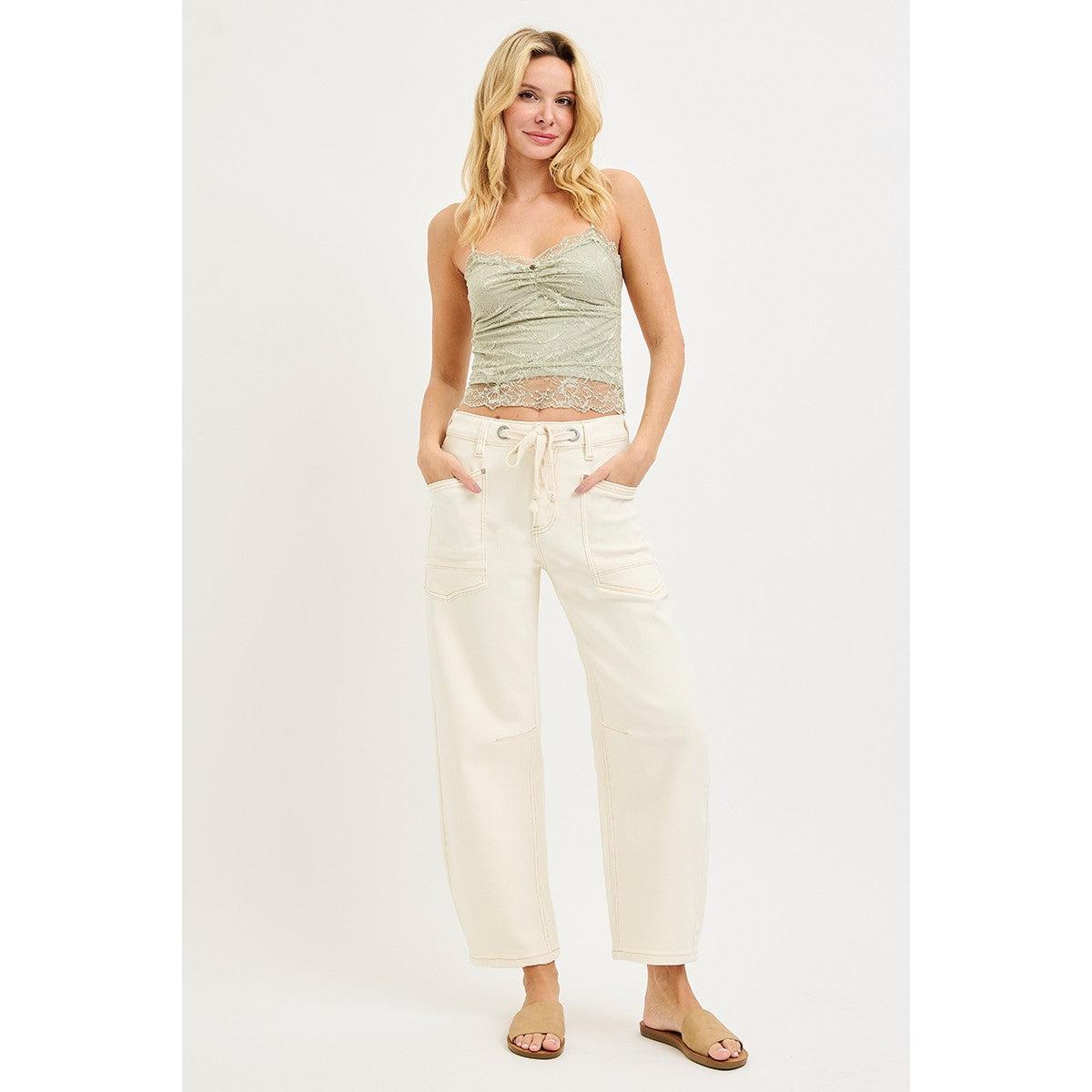 Risen cream barrel jeans with eyelet string