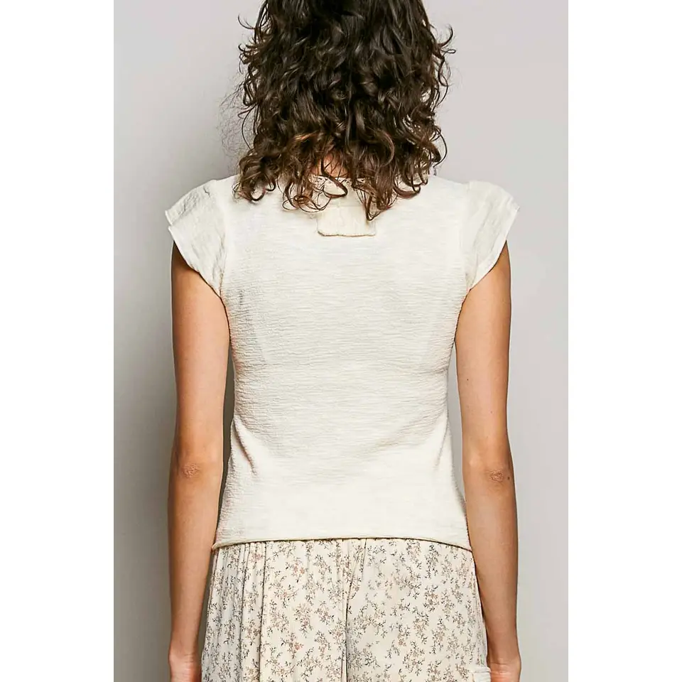 V-Neck Cap Sleeve Textured Top  || Cream