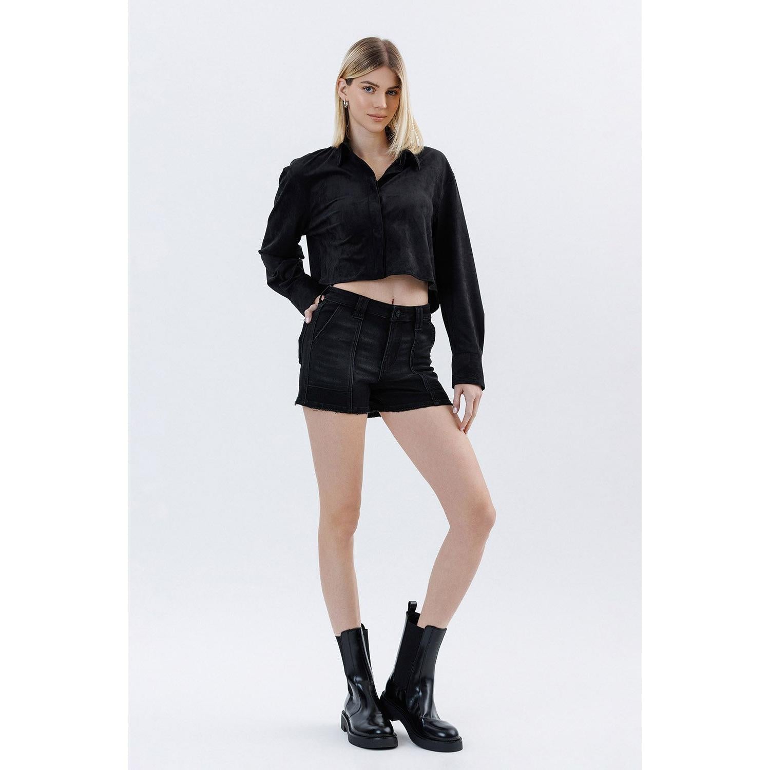 Lovervet High Rise Utility Pocket Denim Shorts || Black