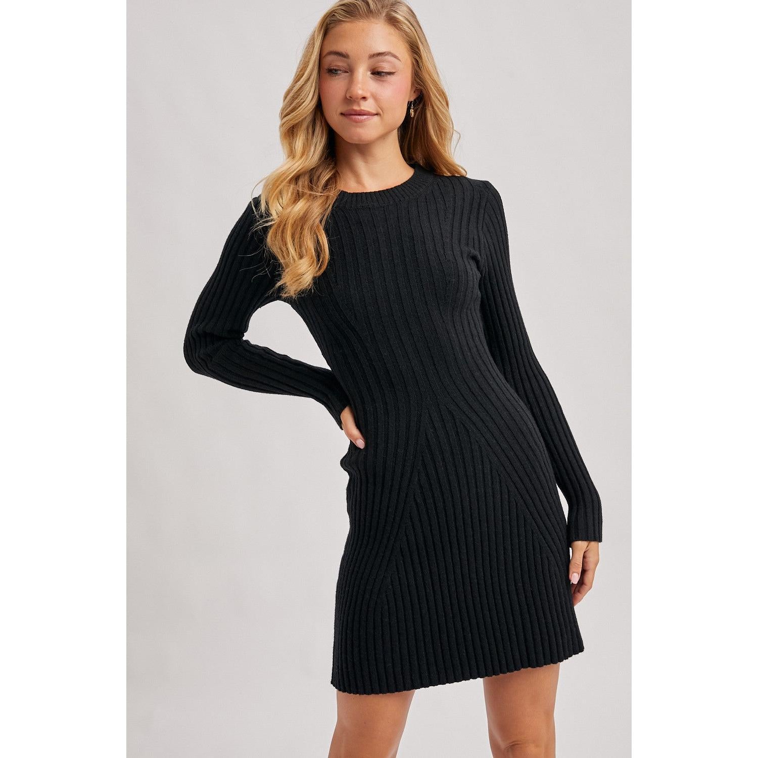 Ribbed Knit Long Sleeve Sweater Dress || Black