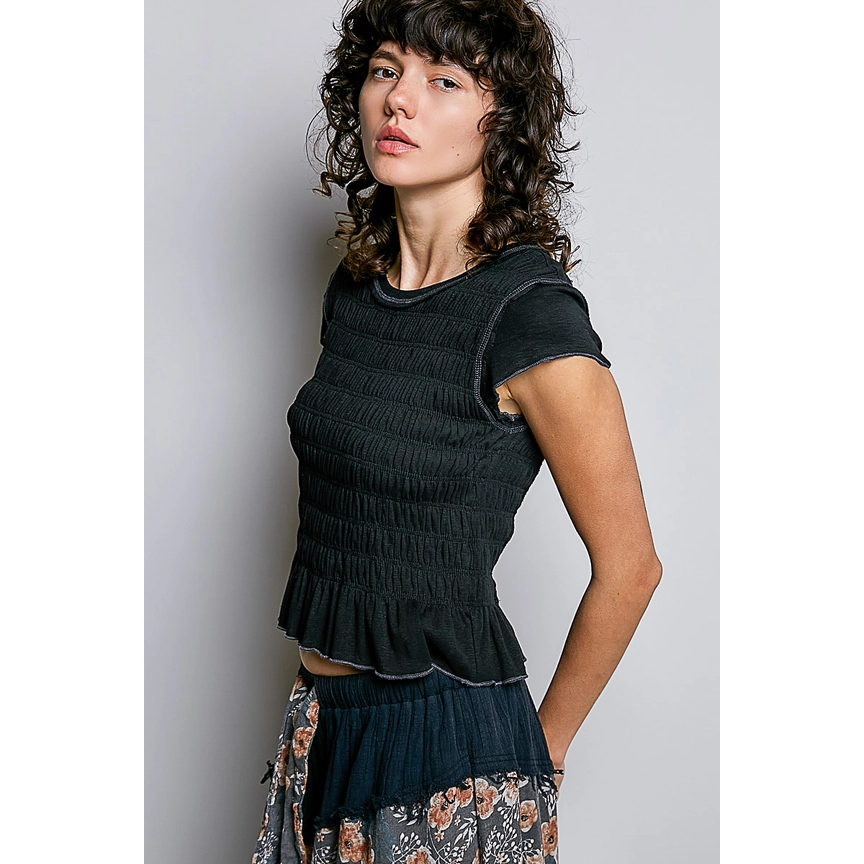 Smocked Ruffle Hem Baby Tee || Black
