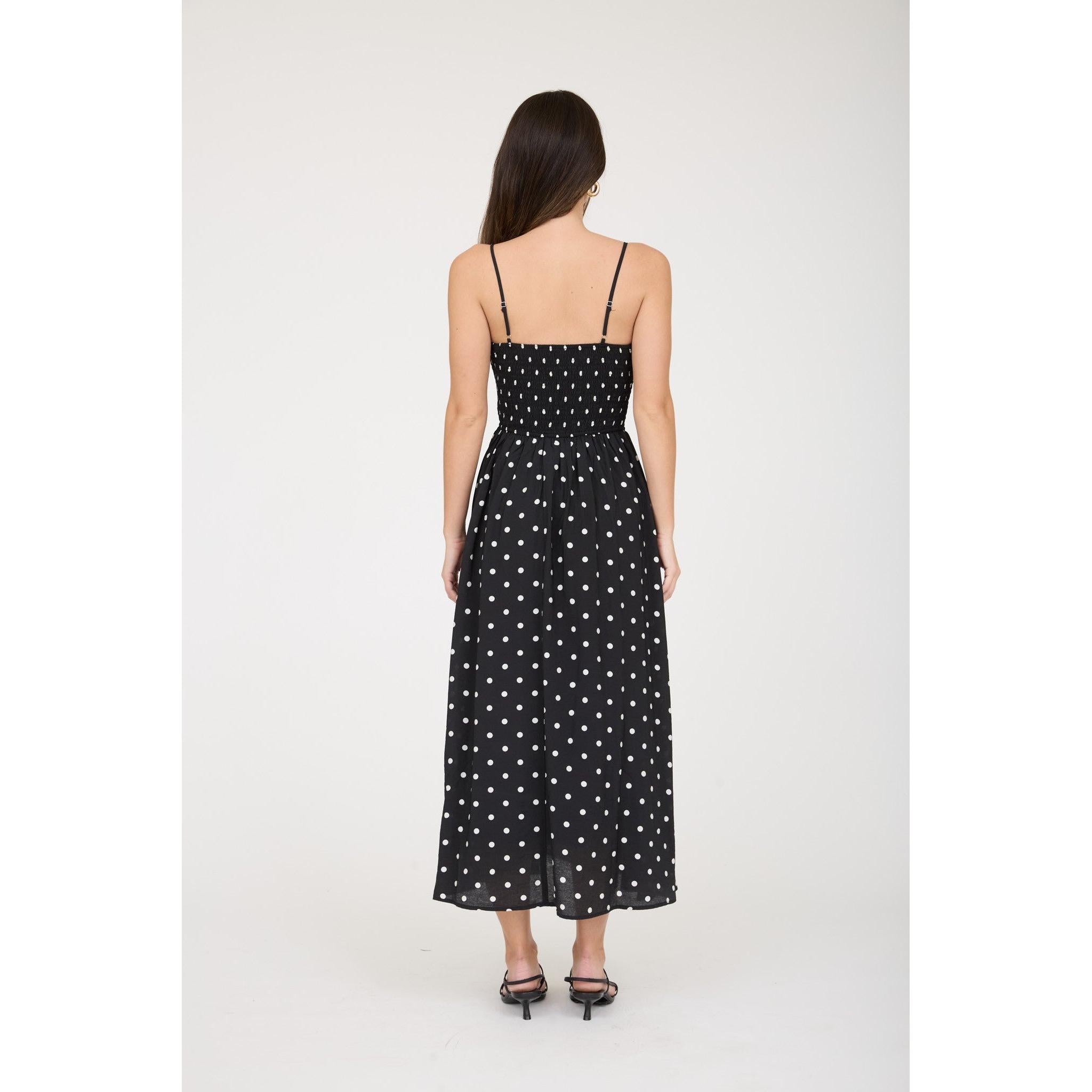 Polka Dot Smocked Midi Dress || Black