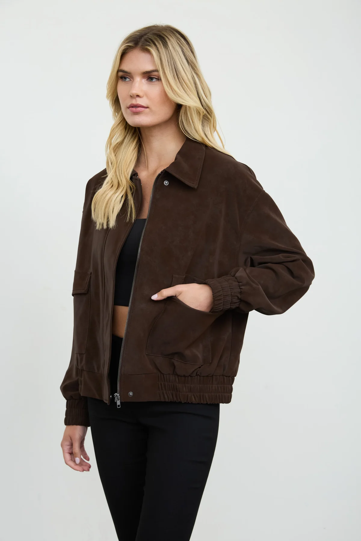Faux Leather Bomber Jacket || Chocolate