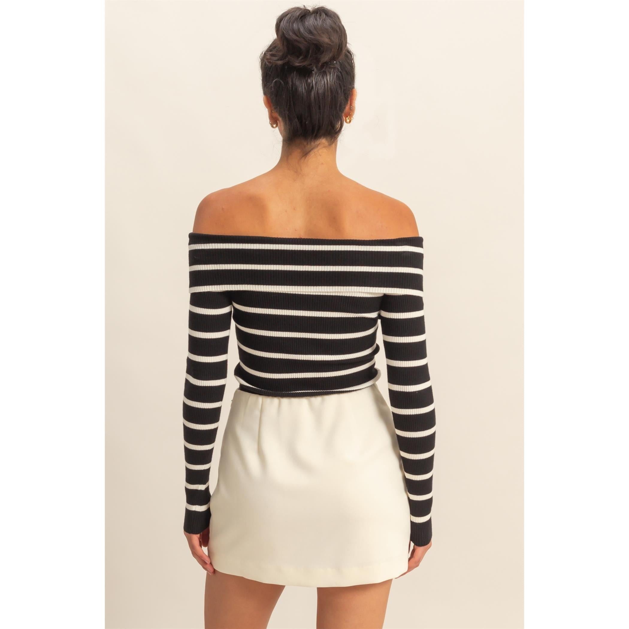 Striped Off-Shoulder Top || Black/Cream