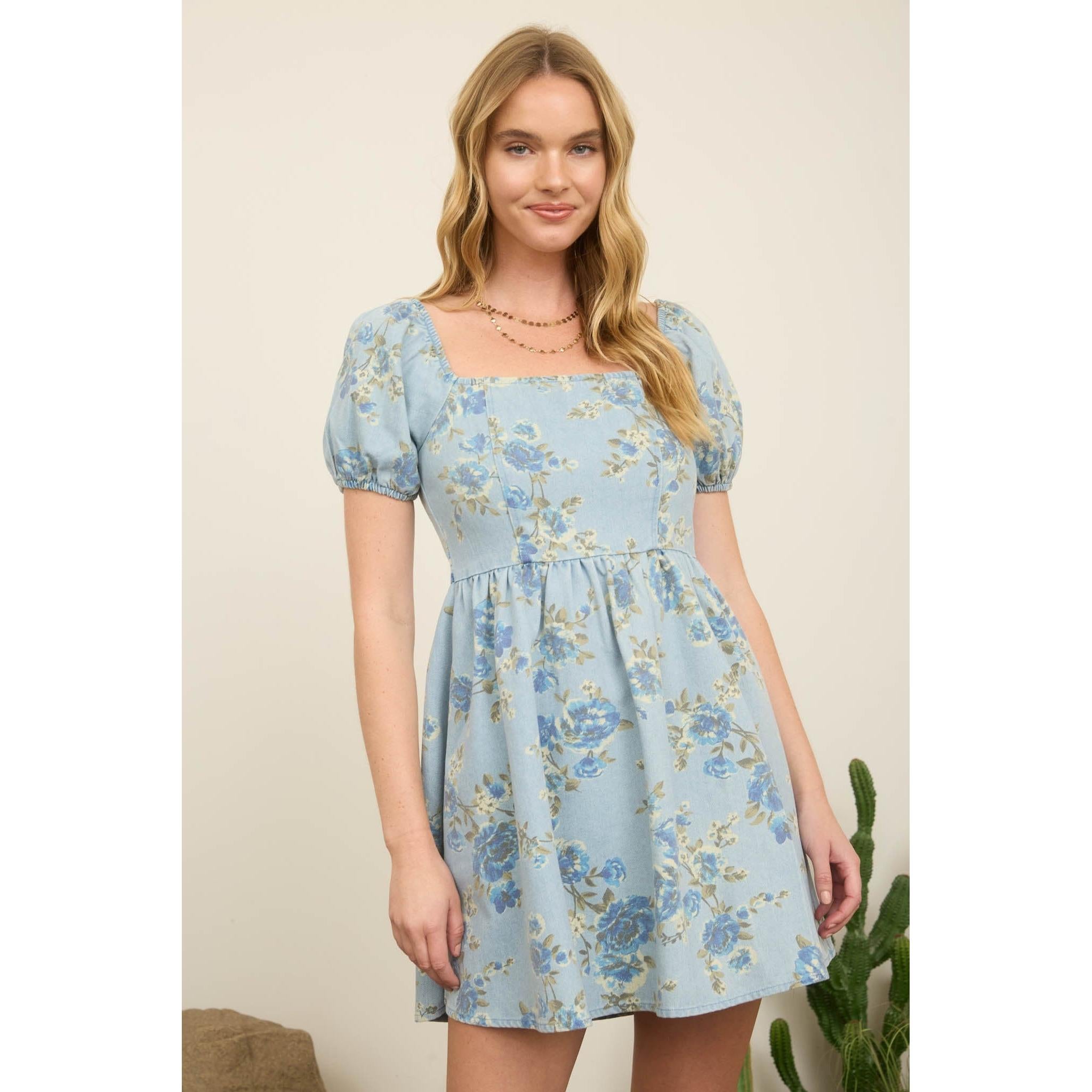 Floral denim dress with puff sleeves