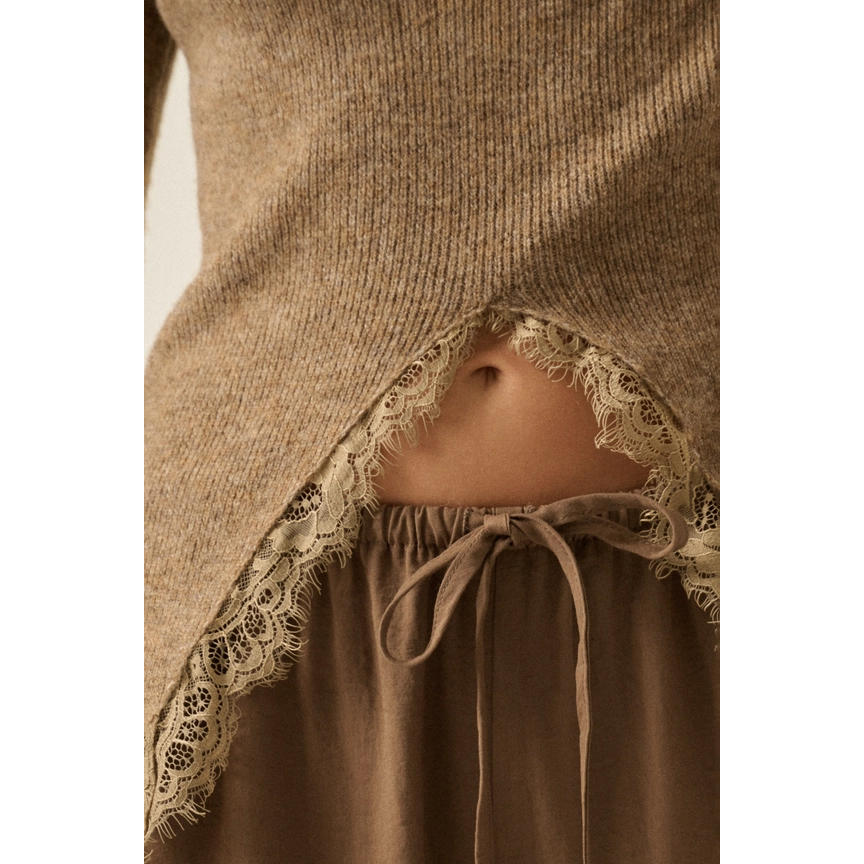 Split-Front Lace-Trim Bell-Sleeve Sweater || Taupe