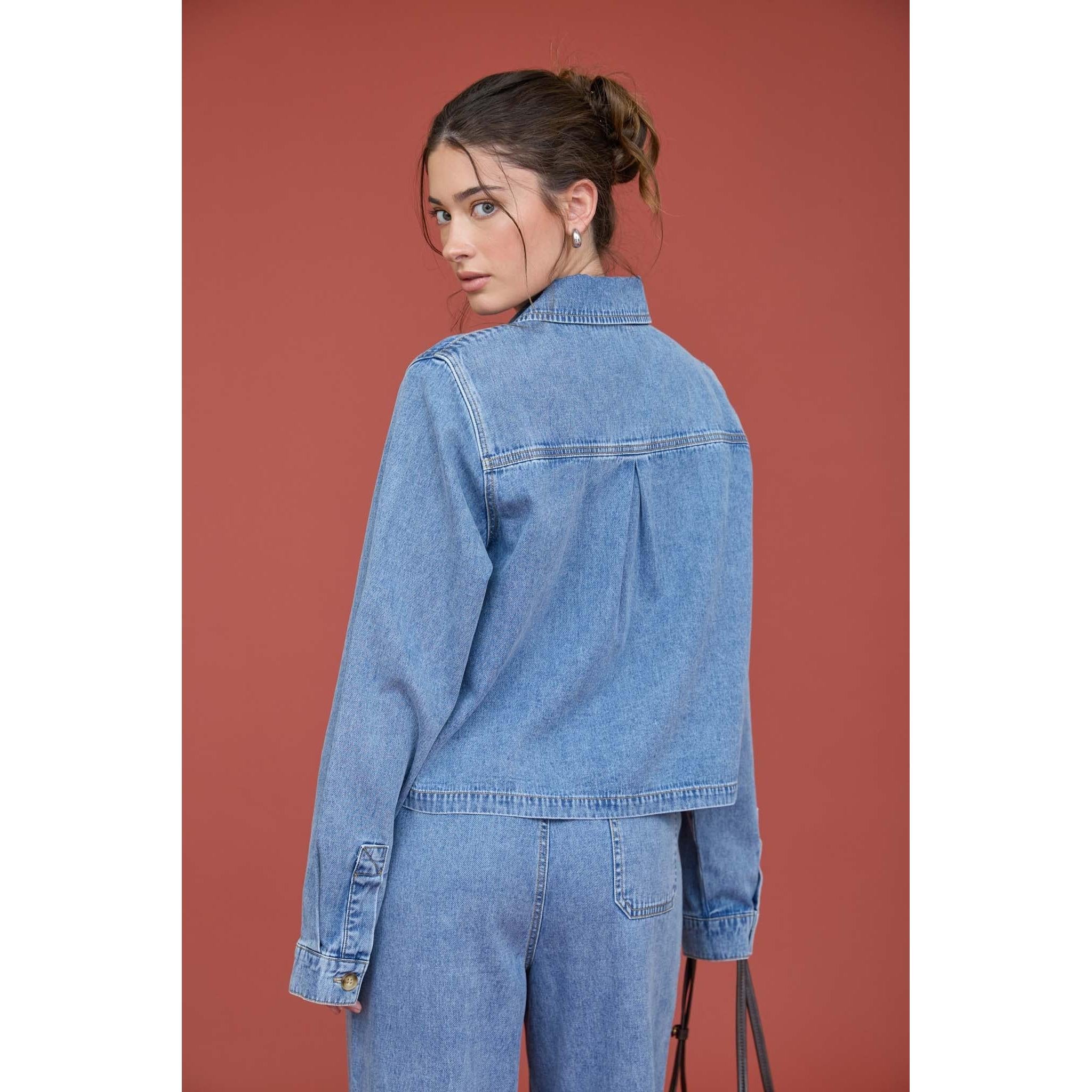 Acid Wash Collared Long Sleeve Denim Shirt || Denim